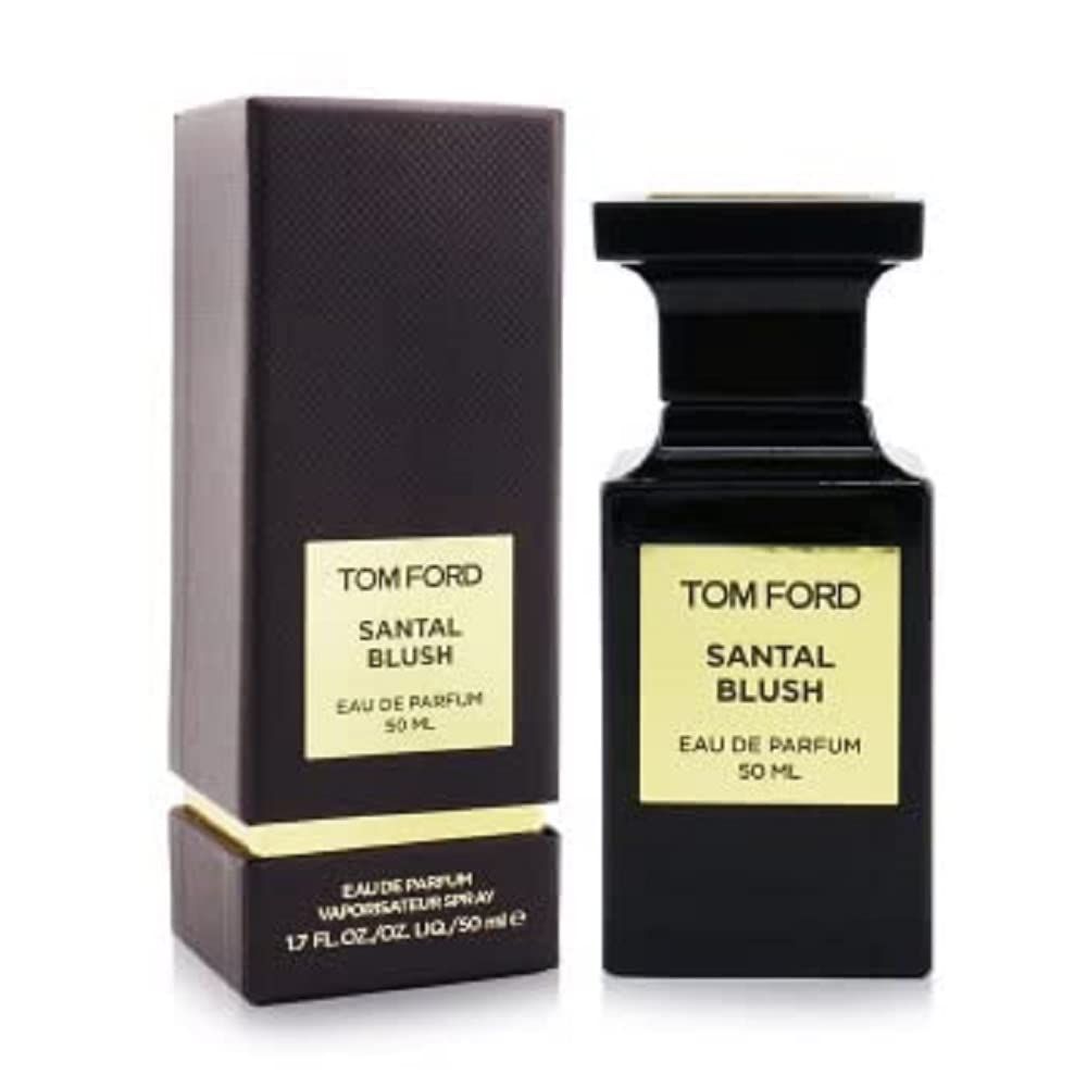 Flacon noir et emballage avec étiquette. Texte: Tom Ford Santal Blush Eau de Parfum 50 ml.