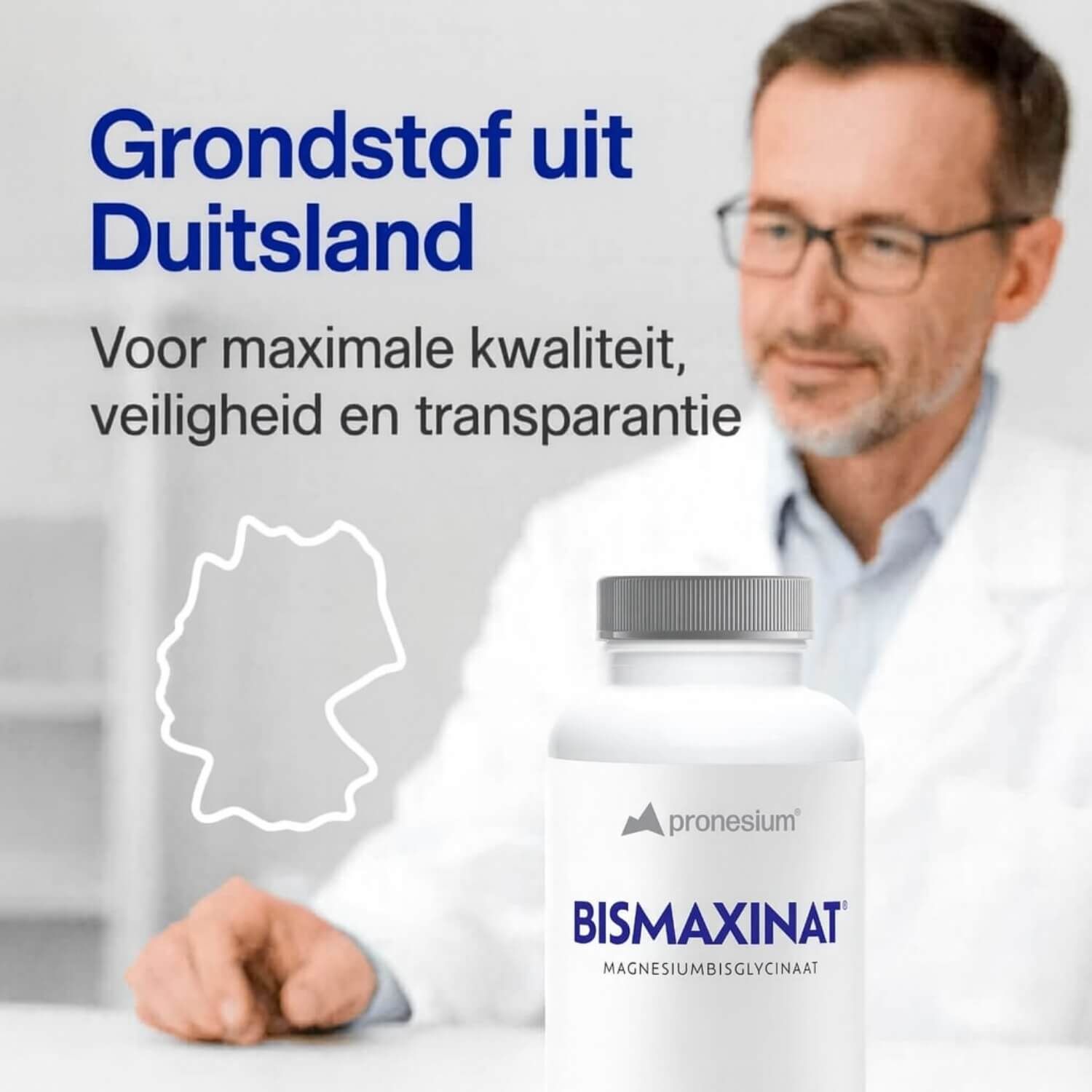 Man in witte jas. Fles met BISMAXINAT. Tekst: Grondstof uit Duitsland.