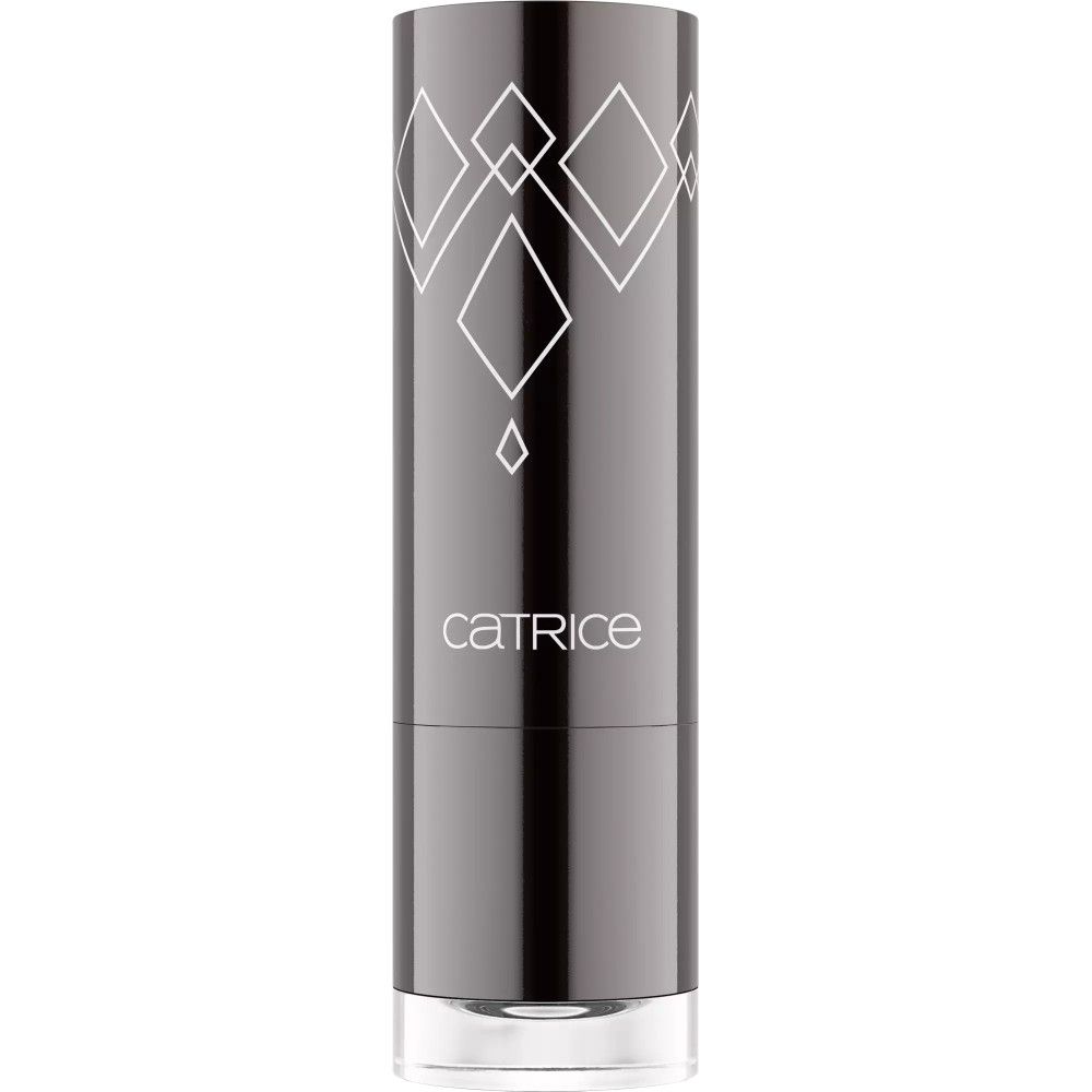 Zilverkleurige lippenstift met zwarte stick. De dop zit erop en toont een geometrisch patroon. Merk: Catrice.