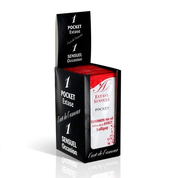 Display met 12x Extase Sensuel POCKET Pheromoon Hot Oil Attraction Effect Lollipops.