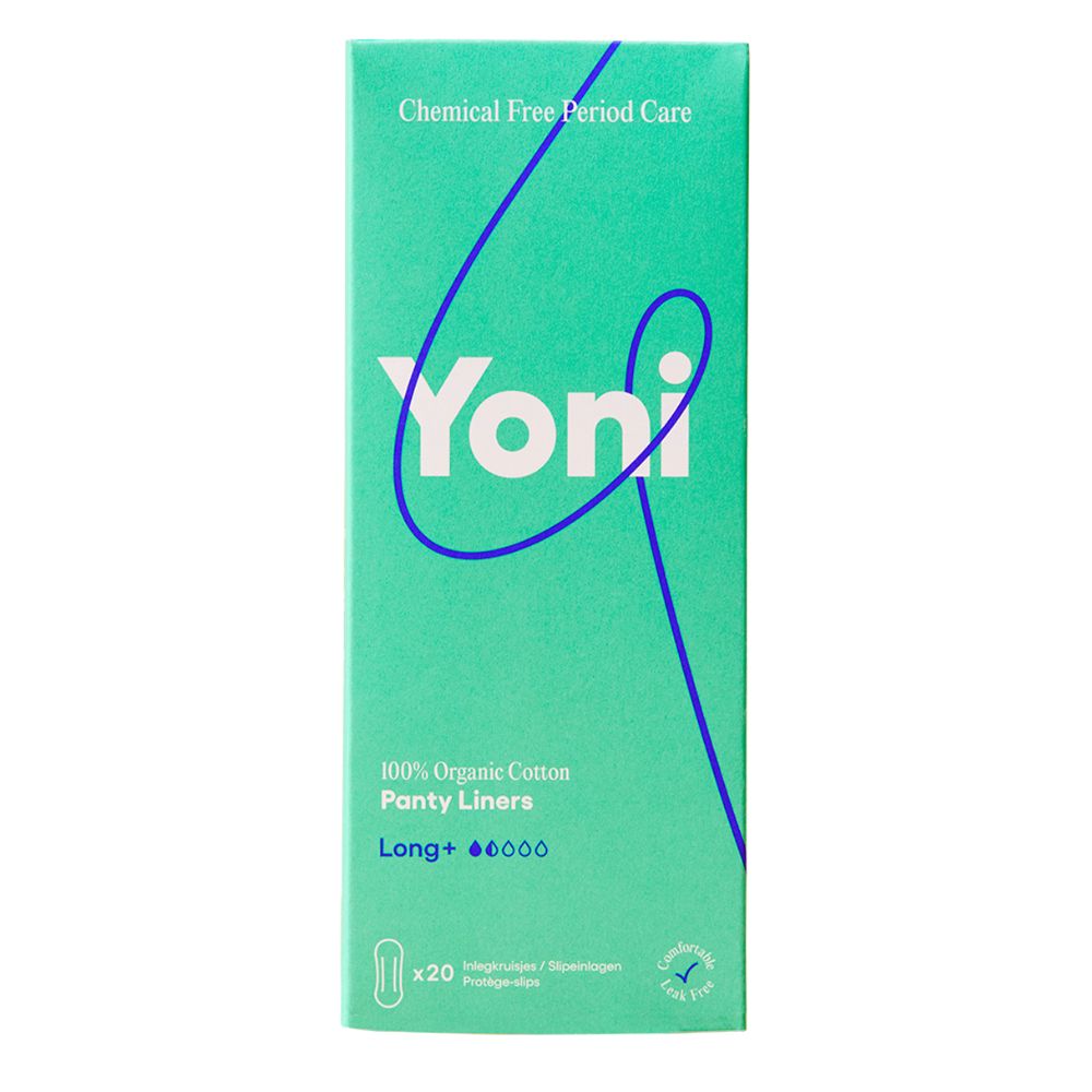 Groene Yoni-verpakking. Opschrift: 100% biologisch katoen, extra lange inlegkruisjes. 20 stuks. Met bio-keurmerk.