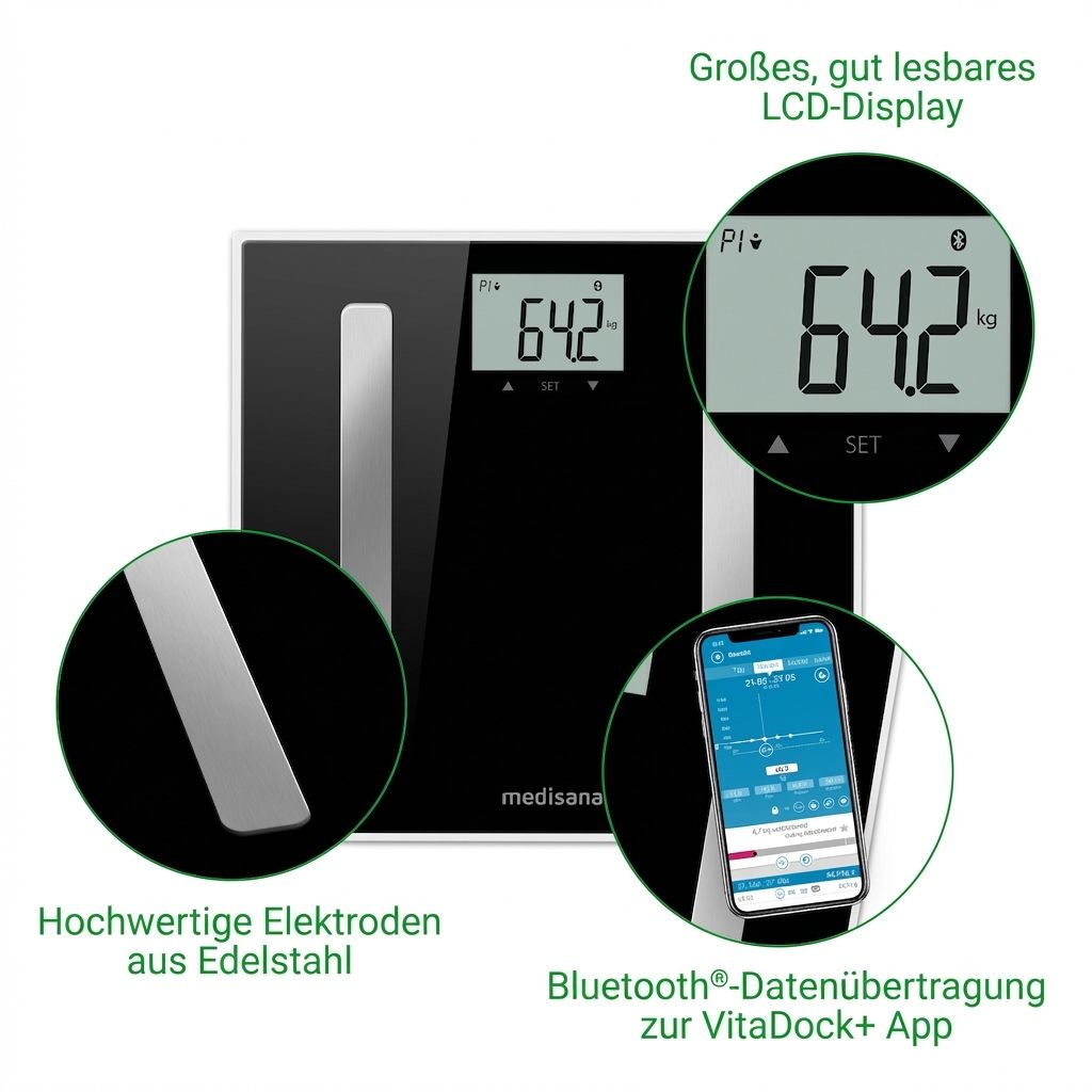 Zwarte lichaamsanalyseweegschaal met LCD, elektroden en Bluetooth-symbool. Smartphone met app.