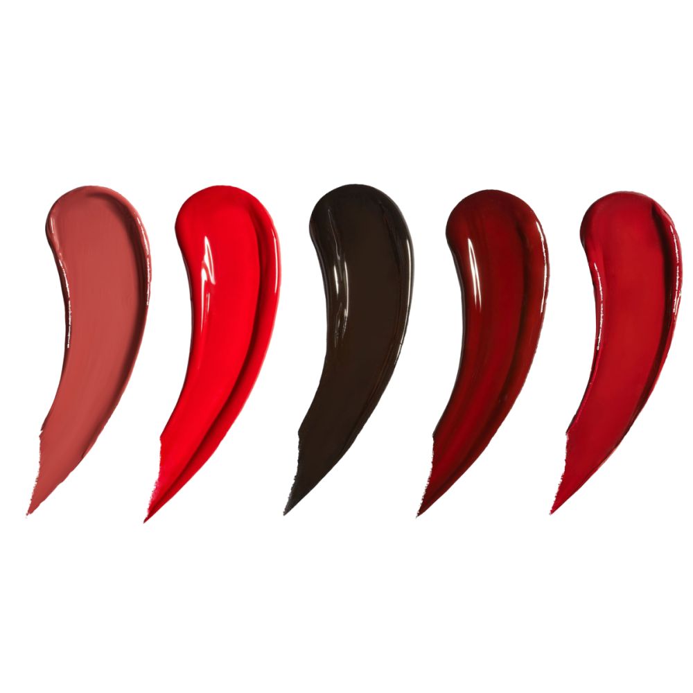 Vijf lipstickkleuren in gebogen vormen. Kleuren: roze, rood, donkerbruin, bordeauxrood en rood.