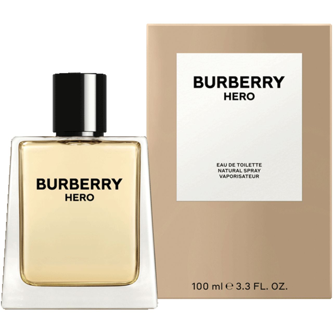 Burberry Hero flesje en verpakking. Vierkant flesje, Hero opschrift. Beige verpakking met wit label.