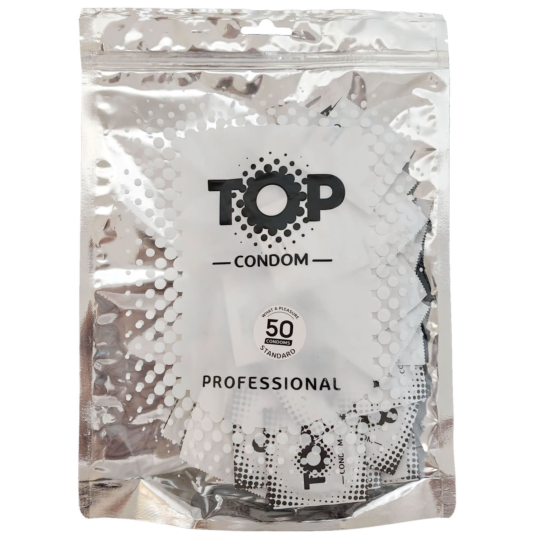 Emballage argenté contenant des préservatifs. Inscription : TOP CONDOM, 50 Standard, PROFESSIONAL. Préservatifs emballés individuellement visibles.
