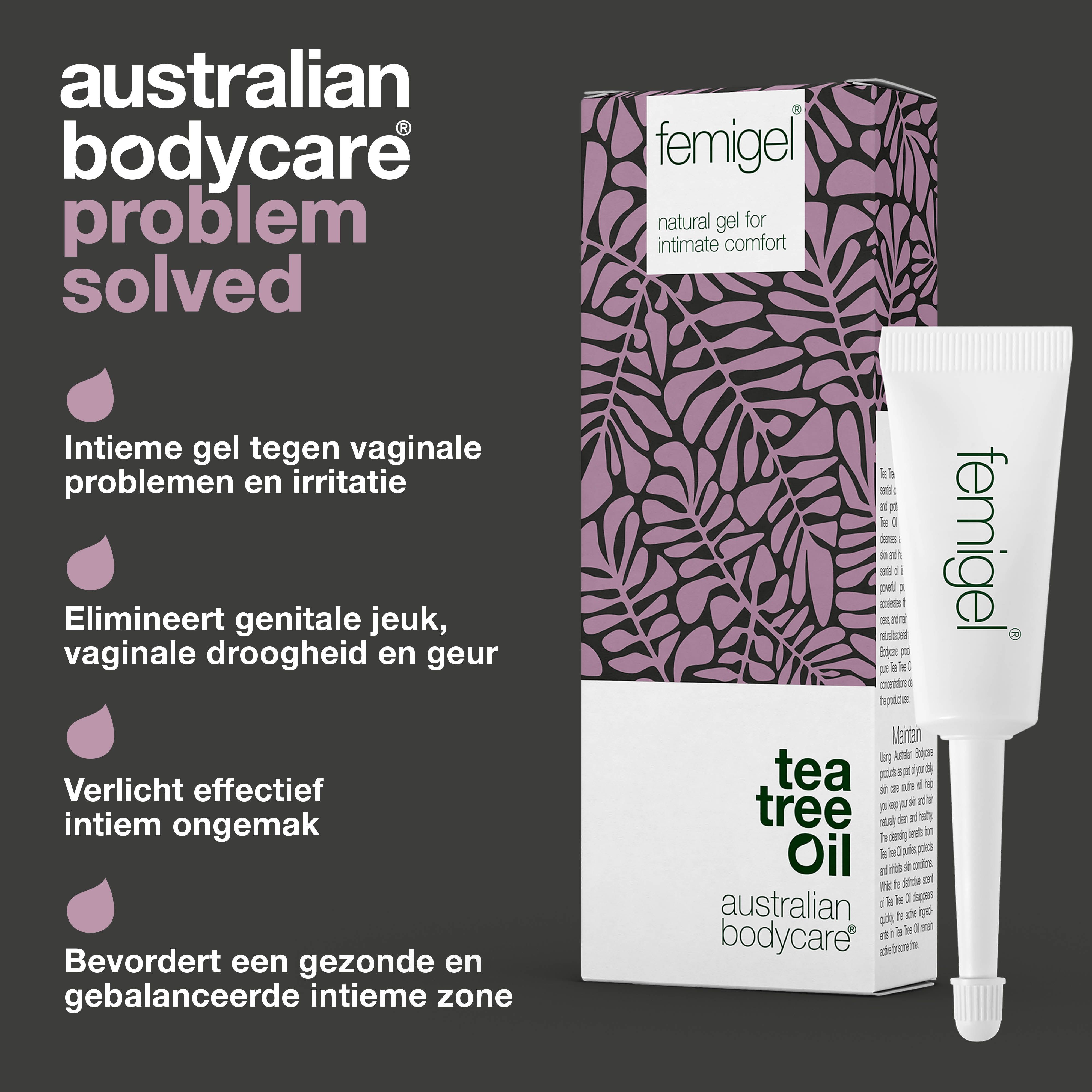 Femigel tube en verpakking. Opschrift: Femigel, Tea Tree Oil, Australian Bodycare. Probleem opgelost.