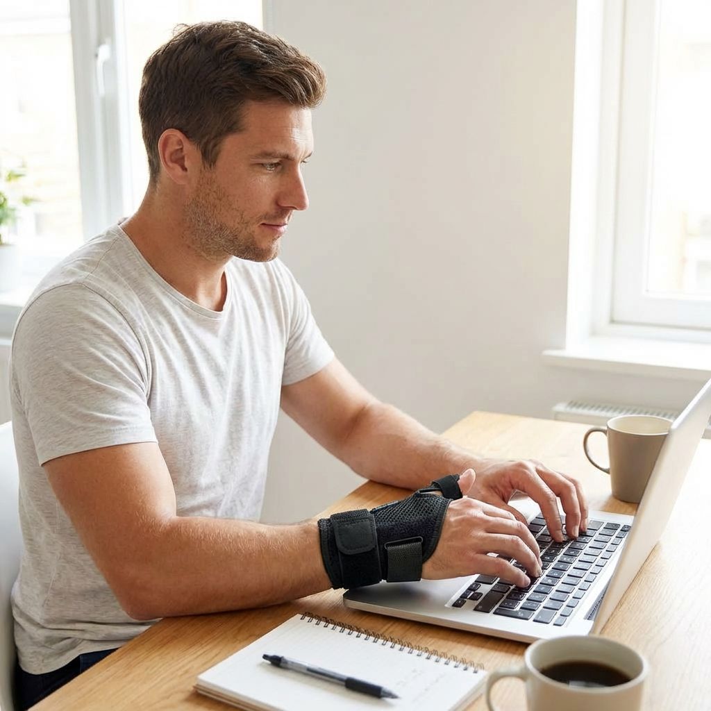 Homme tapant sur un ordinateur portable, portant une attelle de pouce. Attelle noire au poignet gauche. Café et bloc-notes.