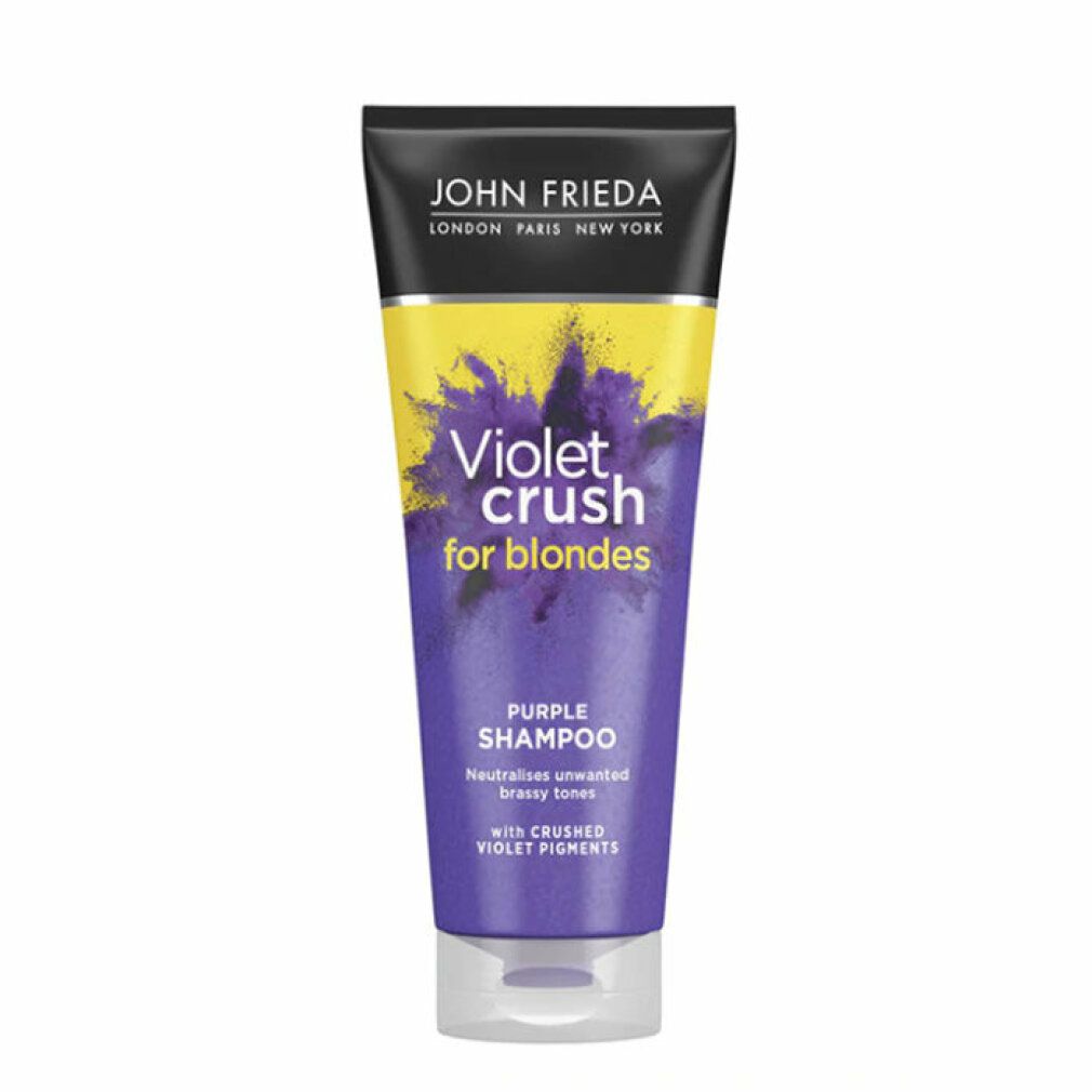 Tube de shampooing violet. Bouchon noir, fond jaune. Texte: Violet Crush for blondes, Purple Shampoo.