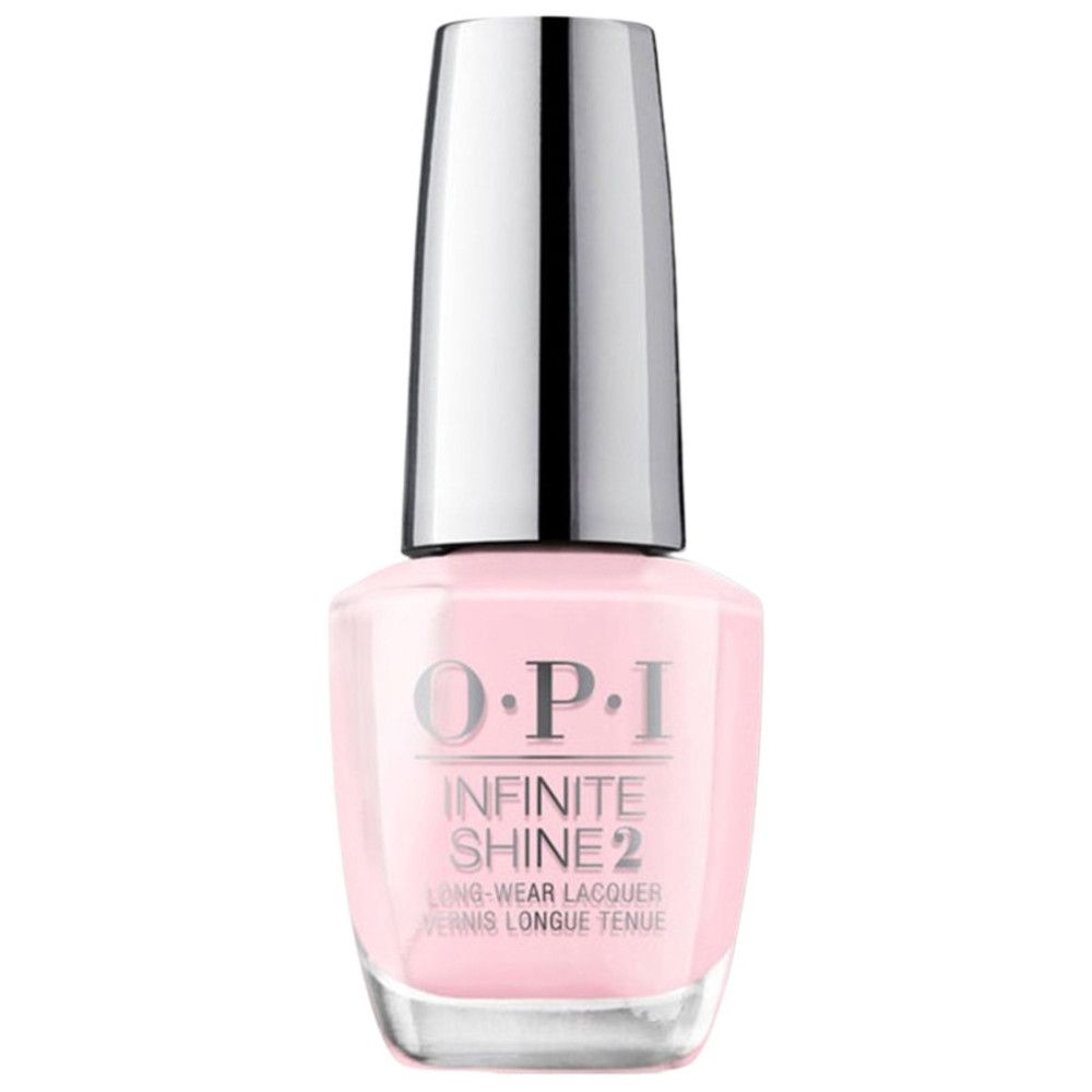 Flacon de vernis à ongles OPI Infinite Shine 2. Vernis rose, bouchon argenté.