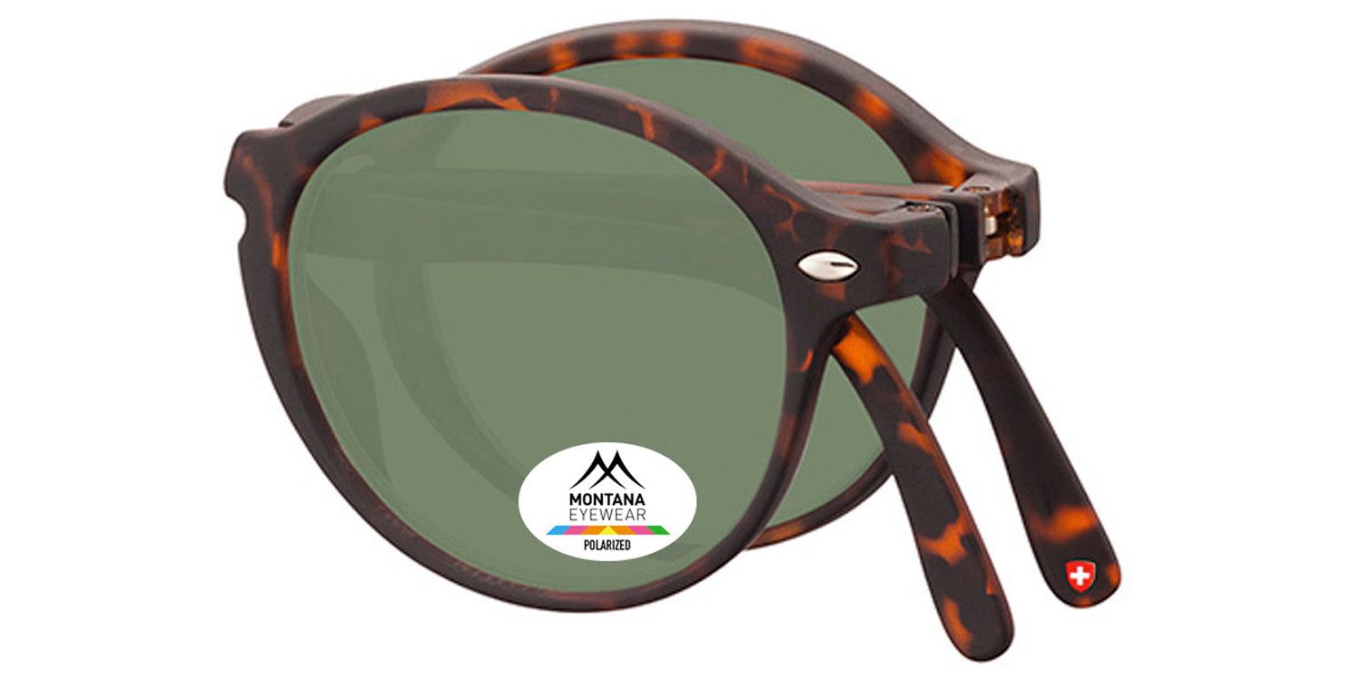Lunettes de soleil pliables, marron-écaille. Verres ronds, teintés verts. Logo et autocollant Polarized. Croix suisse sur la branche.