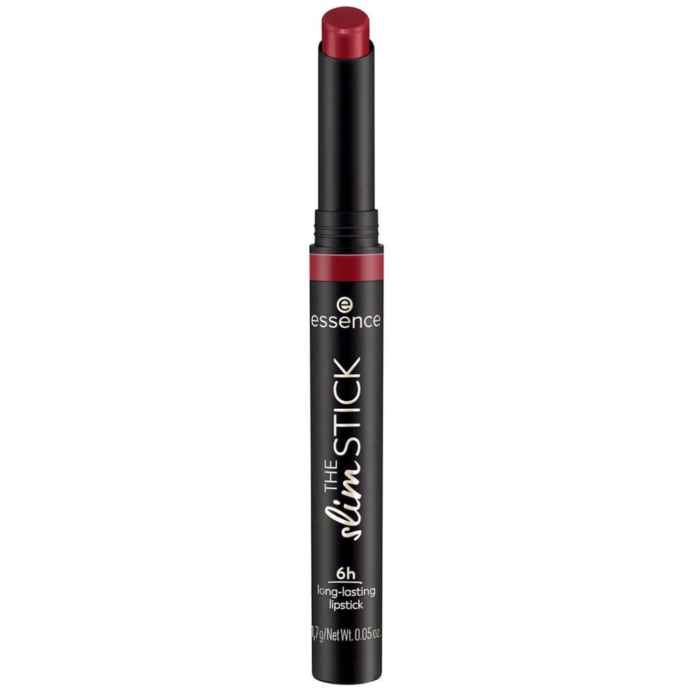 Rouge à lèvres fin noir avec extrémité rouge. Inscription: Essence, The Slim Stick, 6h long-lasting lipstick.