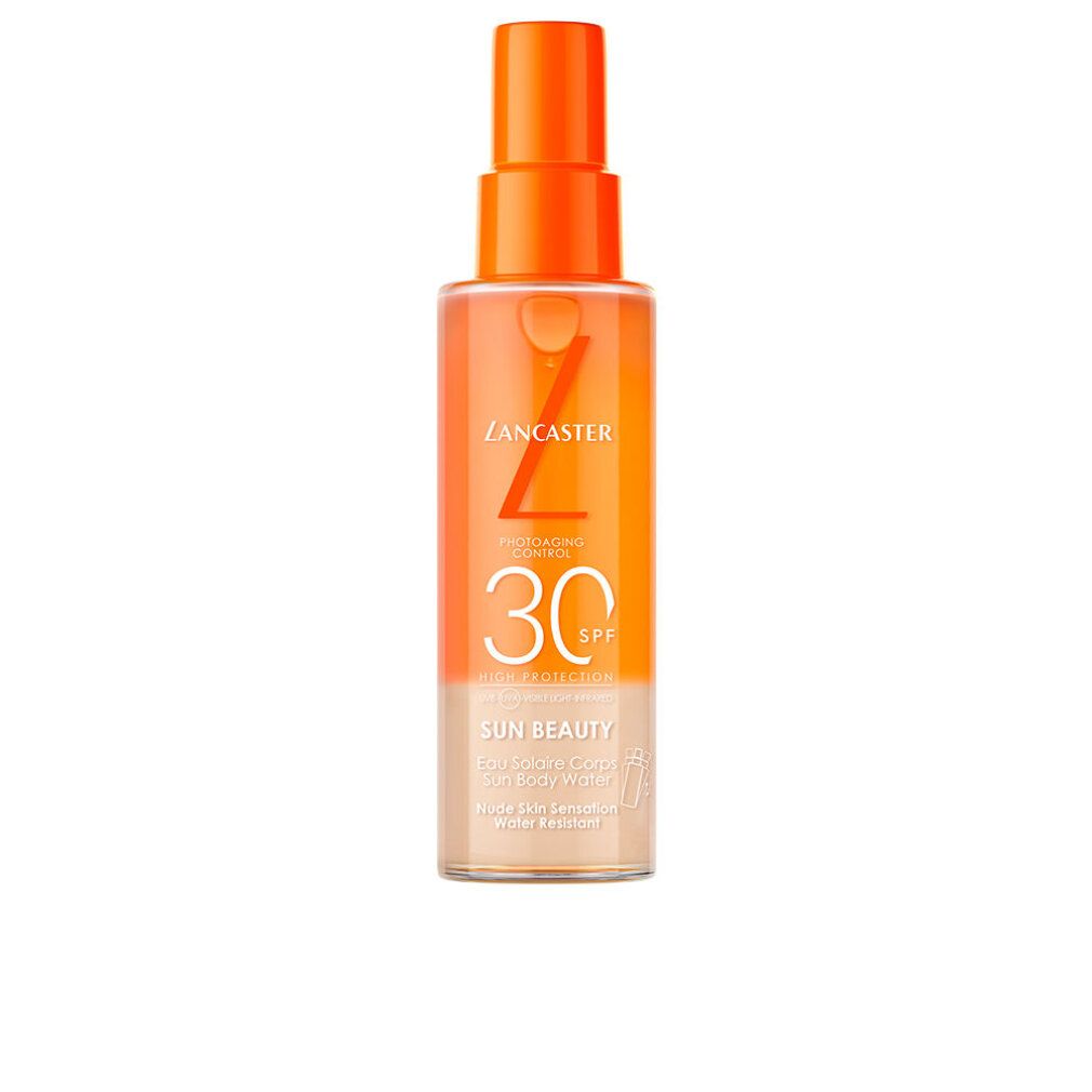 Flacon de spray pour le corps avec tête orange. Inscriptions: Lancaster, 30 SPF, Sun Beauty.