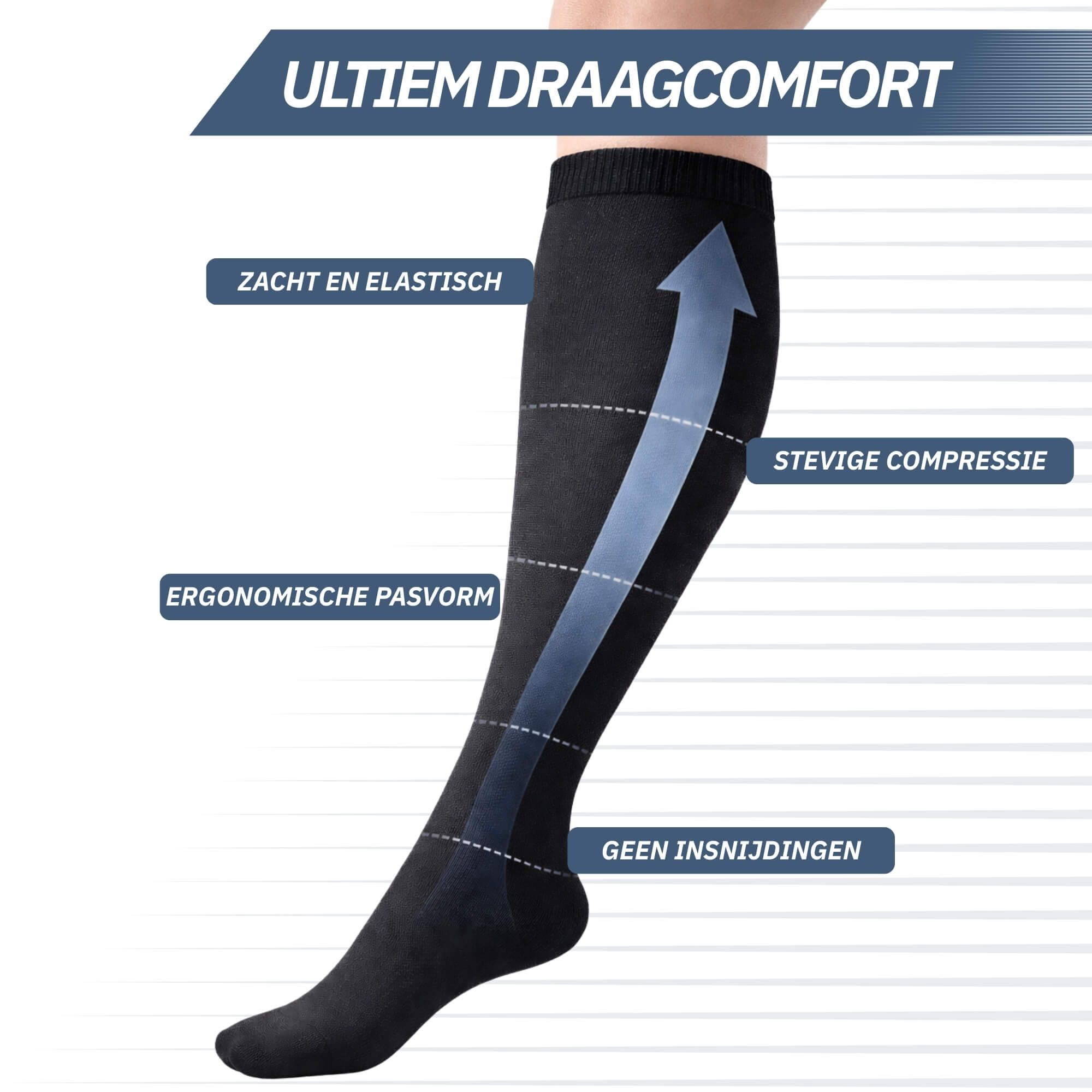 Gros plan sur des jambes en chaussettes de compression noires avec caractéristiques.