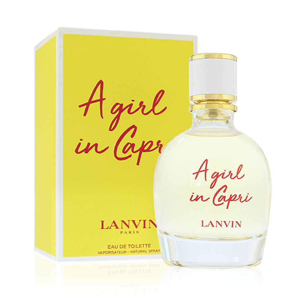 Fles en doos. Ronde fles, gele vloeistof, opschrift: A girl in Capri, LANVIN. Gele doos, opschrift: A girl in Capri.
