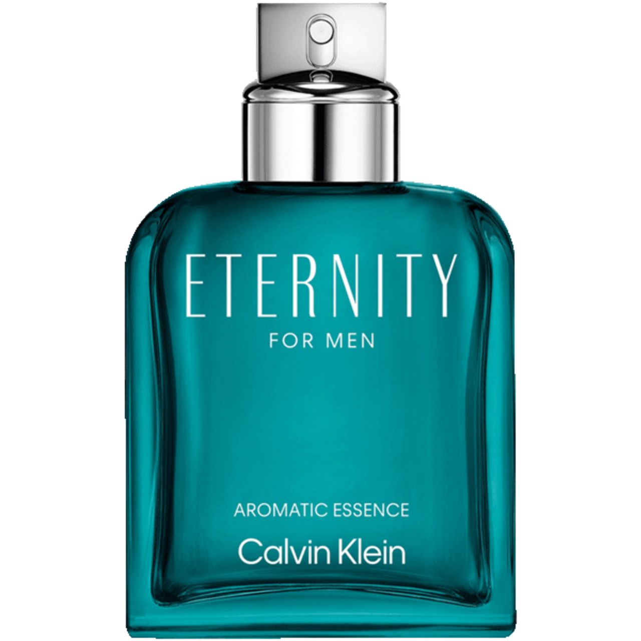 Flacon turquoise avec bouchon argenté. Inscription : Eternity for Men Aromatic Essence. Marque : Calvin Klein.