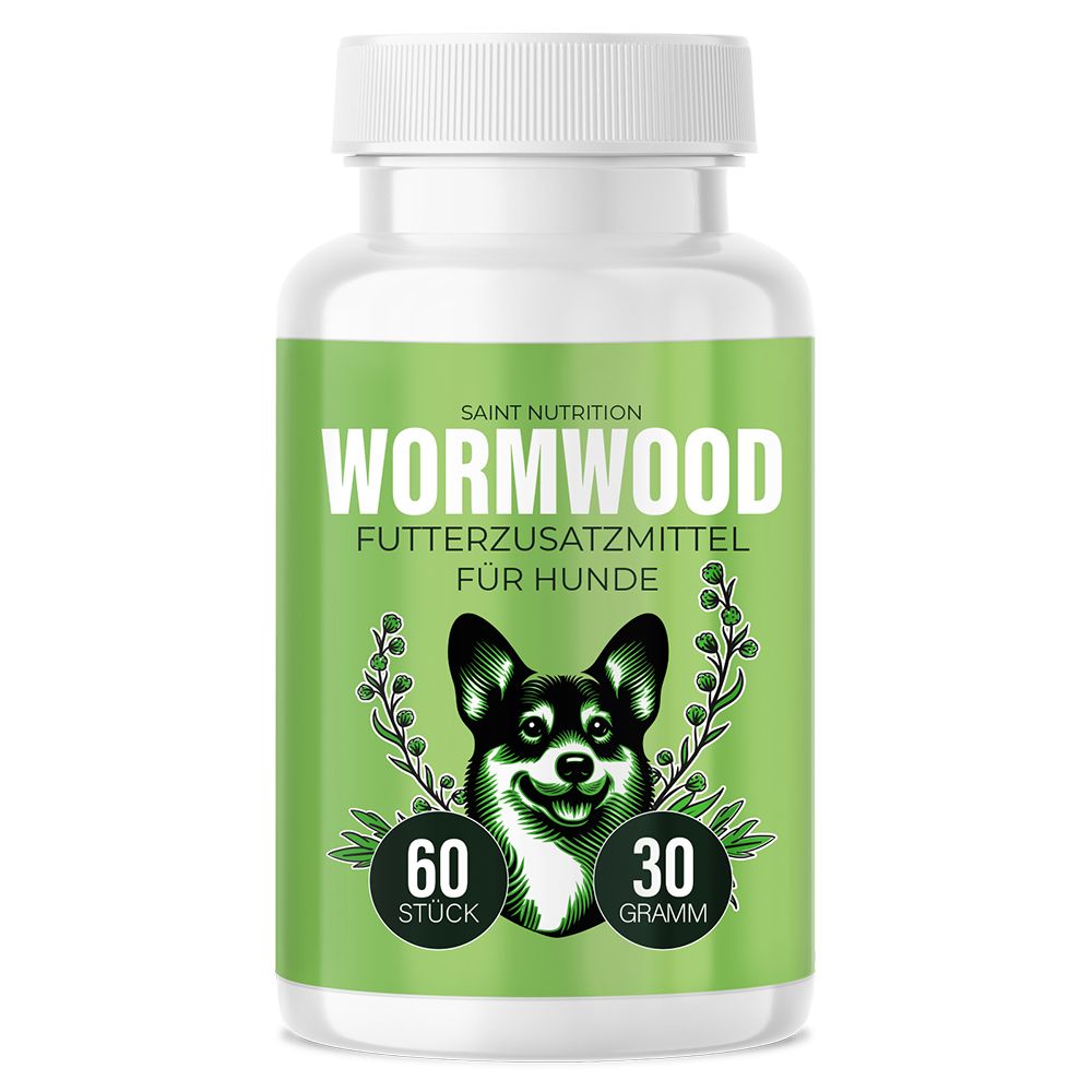 Productfles met groen etiket. Tekst: Saint Nutrition Wurmwood voedingssupplement voor honden. 60 stuks, 30 gram.