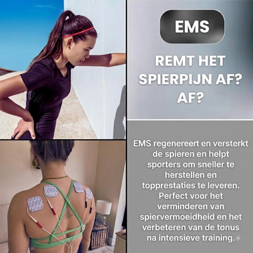 Een vrouw met elektroden op haar rug, verbonden met een EMS-apparaat.