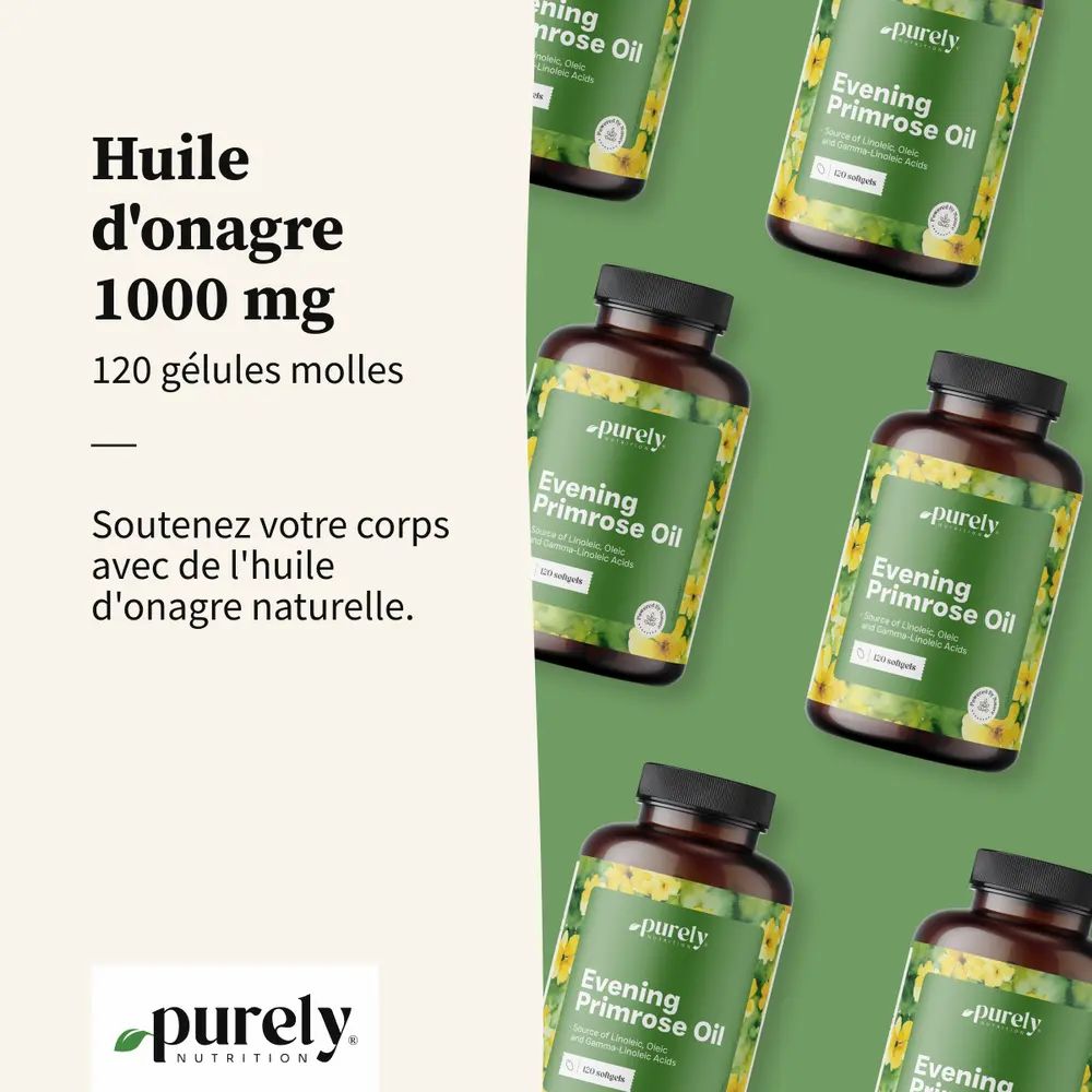 Plusieurs flacons d'huile d'onagre. Texte : Huile d'onagre 1000 mg, 120 gélules molles.