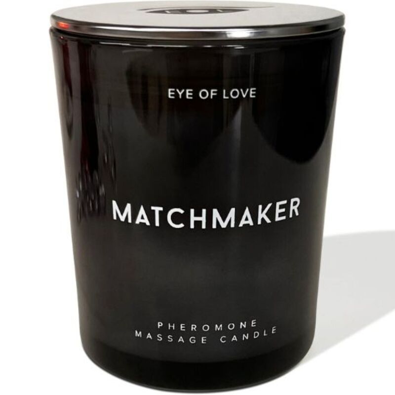 Bougie de massage noire 'Matchmaker' par Eye of Love avec couvercle argenté.