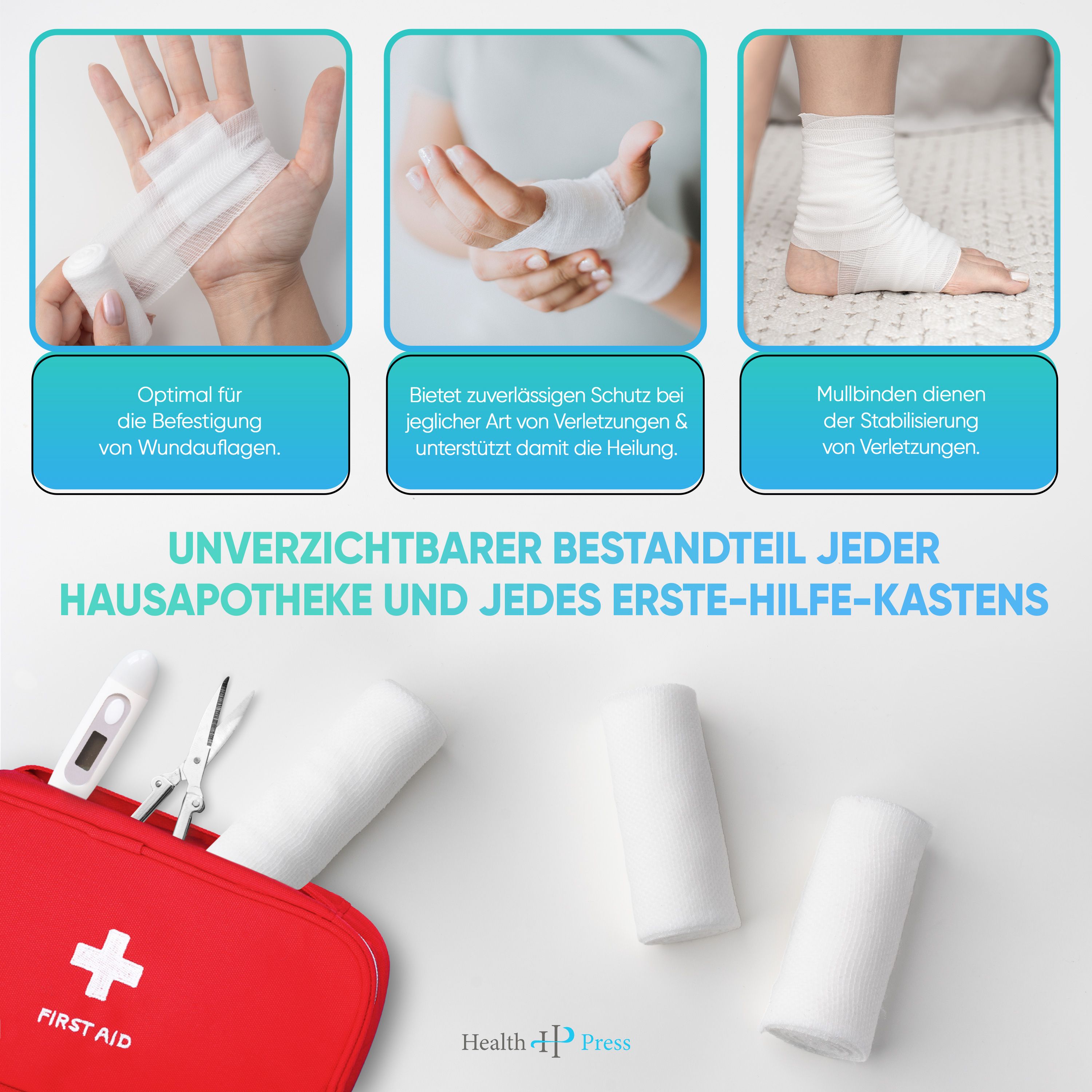 Trousse de premiers secours avec bandages, ciseaux et thermomètre. Texte: Indispensable pour toute pharmacie familiale.