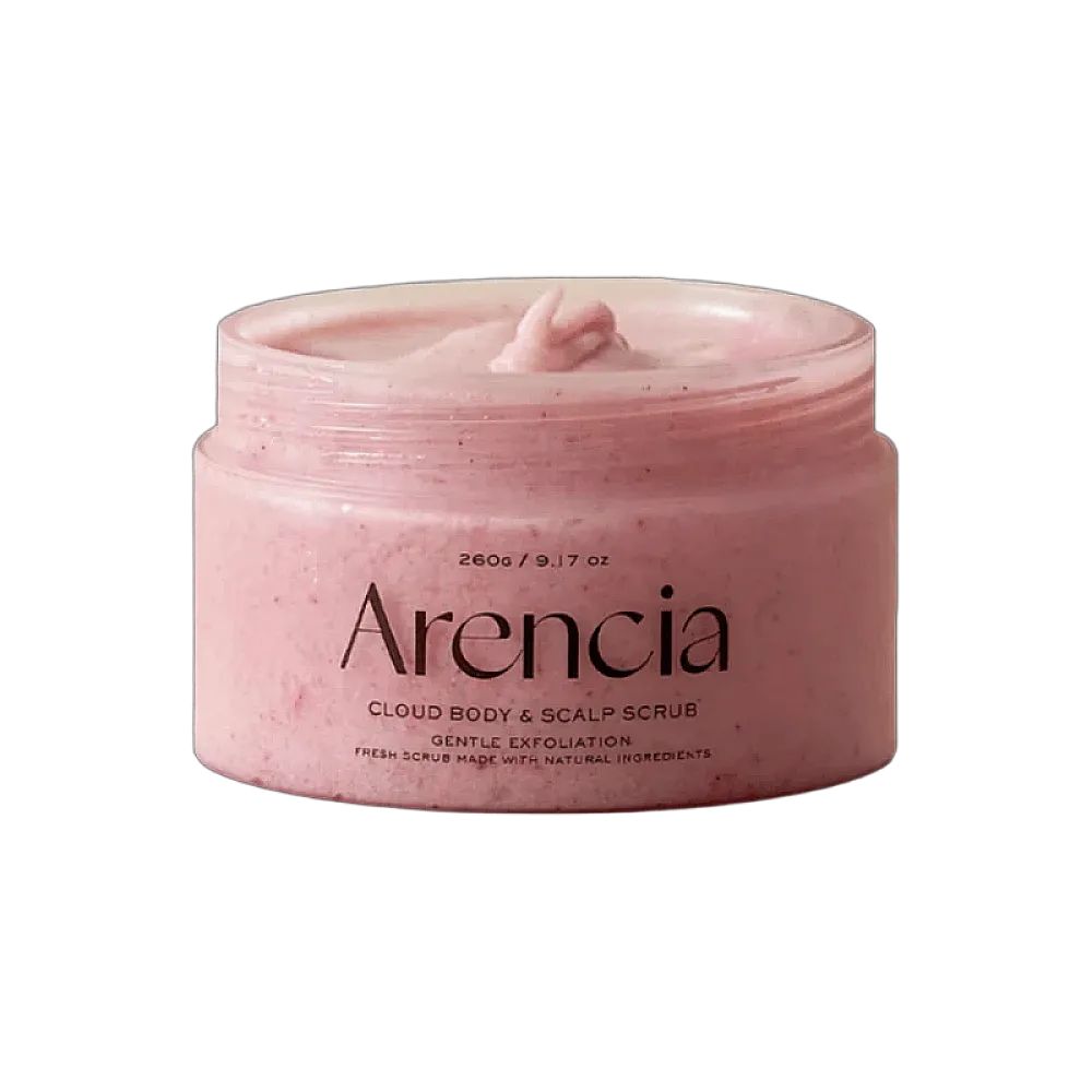 Un pot de gommage corps et cuir chevelu rose d'Arencia. Contient 260g / 9.17 oz.