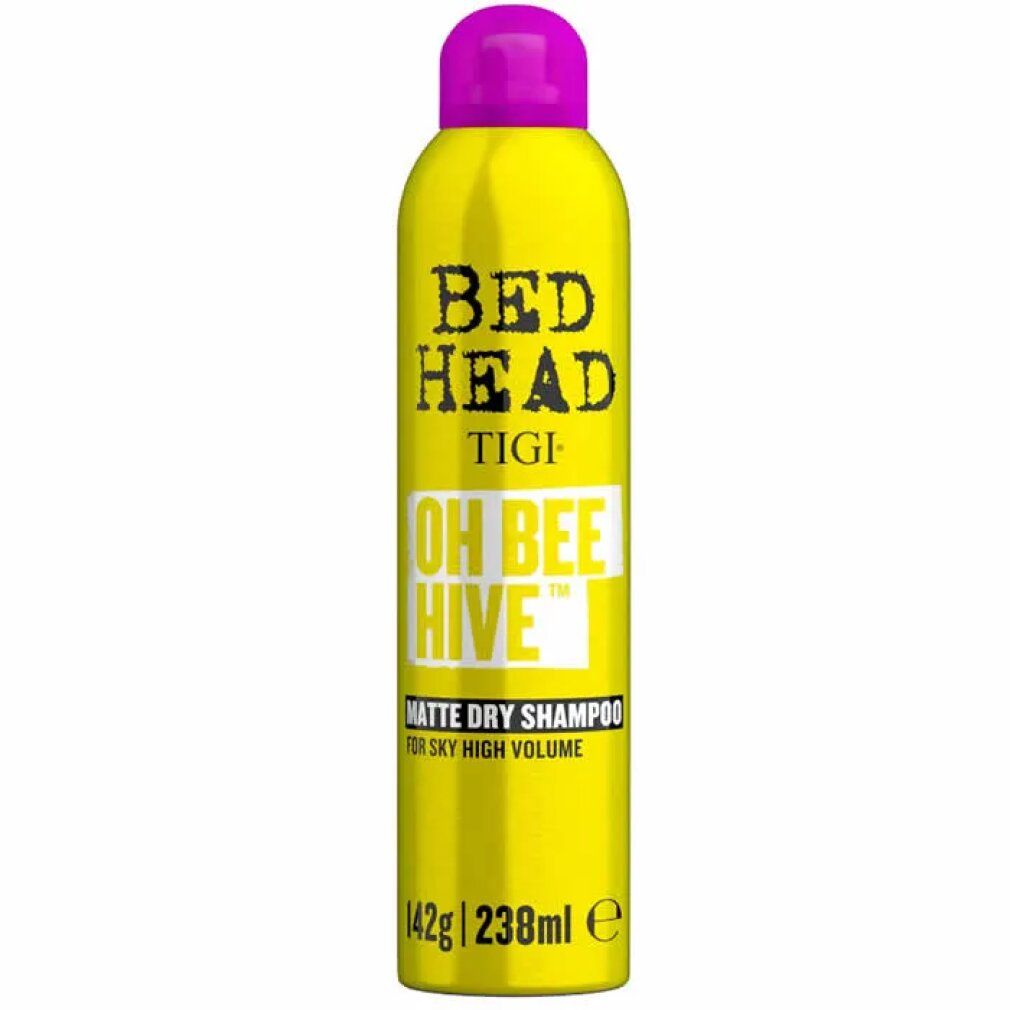 Tigi Bed Head Oh Bee Hive Matte Dry Shampoo pour un volume extrême dans une boîte jaune.