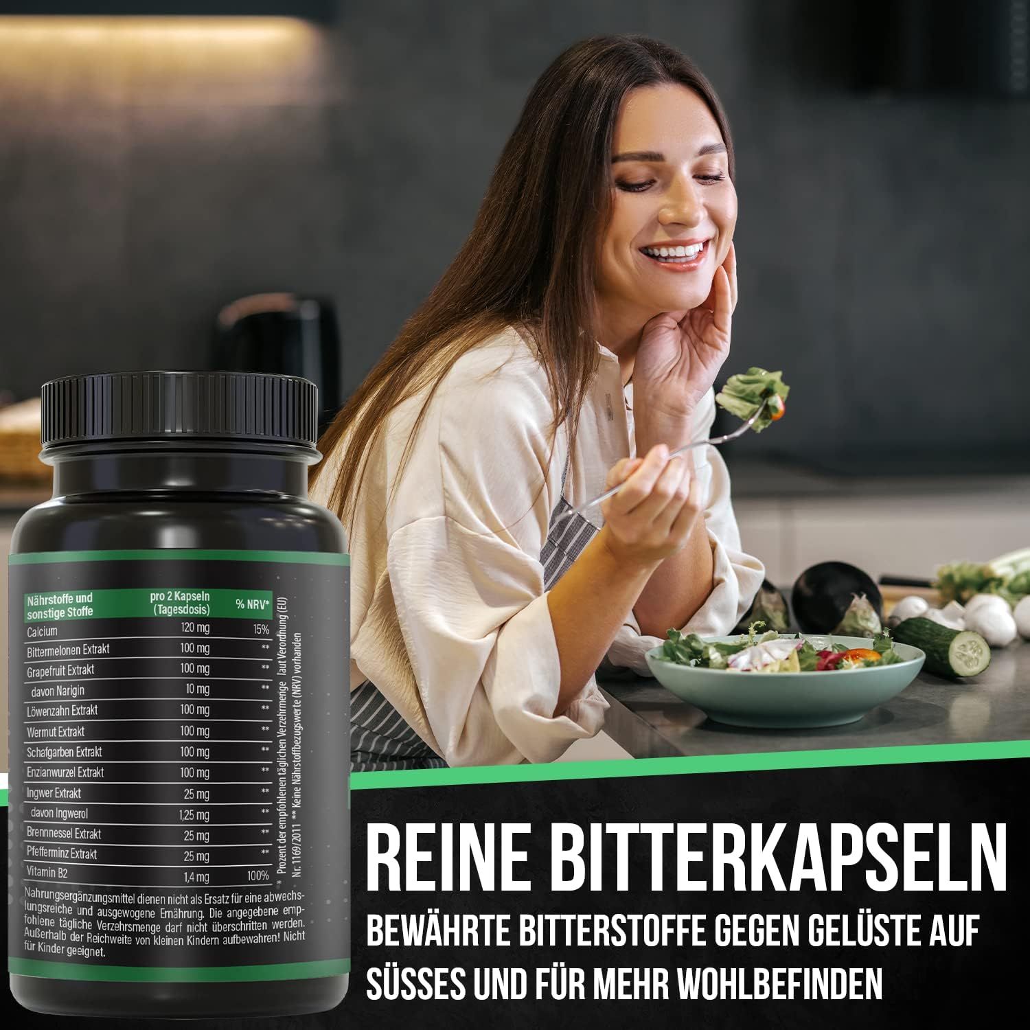 Flacon noir de gélules. Inscription: Reine Bitterkapseln. Femme mange une salade en arrière-plan.