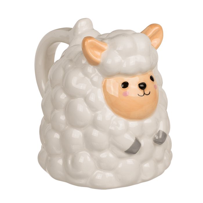 Keramische beker schaap, wit. Schaap-ontwerp met oren, gezicht en poten. Handvat. Binnenkant zichtbaar. 550 ml.
