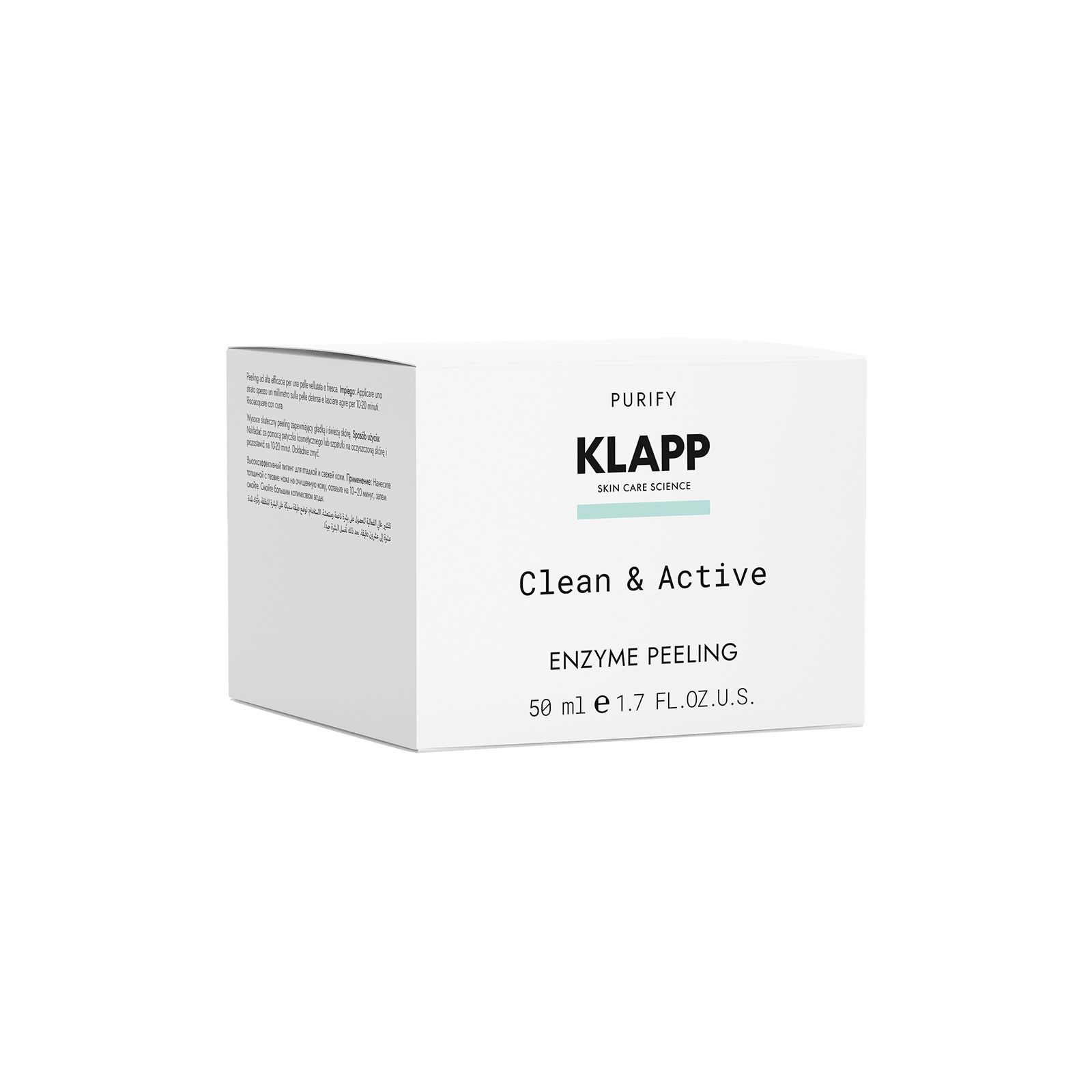 Boîte blanche Klapp Clean & Active Enzyme Peeling. Inscription : 50 ml e 1.7 FL.OZ.U.S. Logo Klapp et texte d'information.