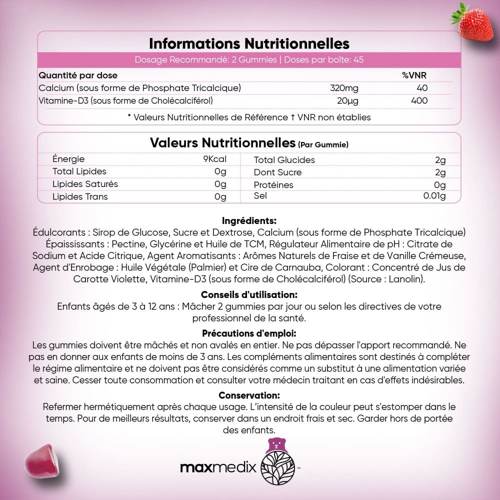 Informations nutritionnelles. Texte : 2 gommes. 320mg Calcium, 20µg Vitamine D3. Ingrédients.