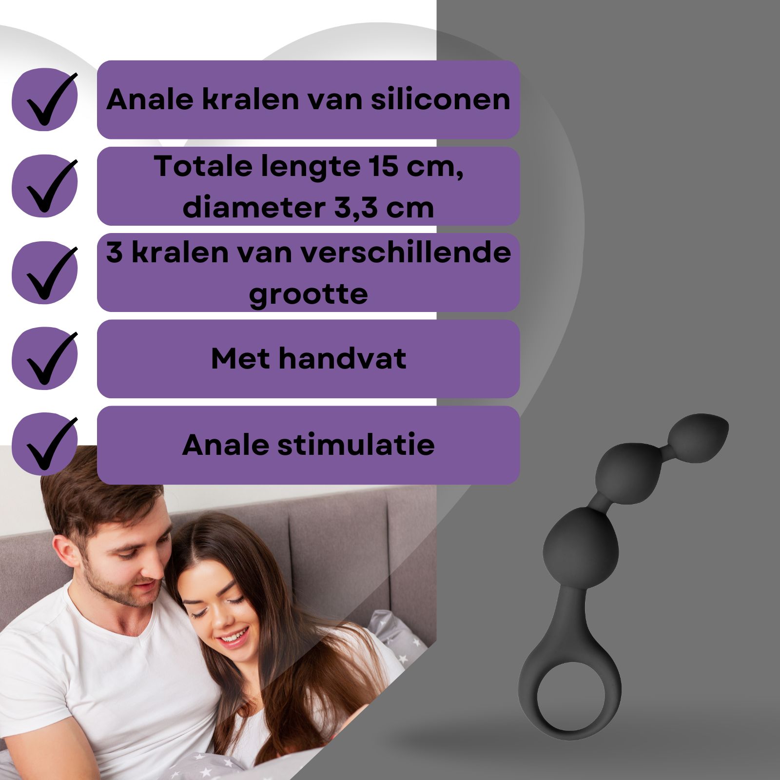 Anale kralen van siliconen, 3 ballen. Koppel in bed. Tekst: Anale kralen van siliconen, 15cm, 3,3cm.