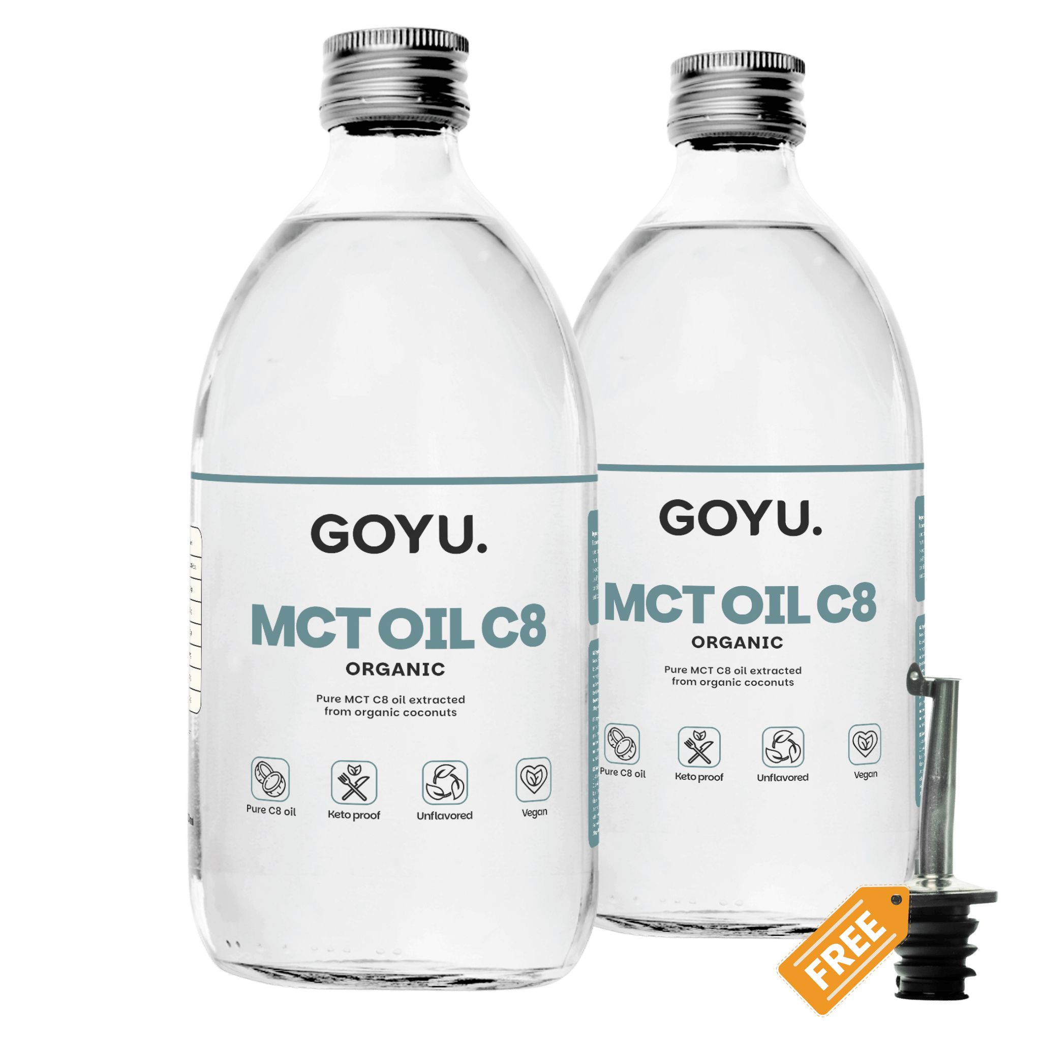 Twee flessen GOYU MCT Oil C8. Met schenktuit. Opschrift: ORGANIC, MCT OIL C8.