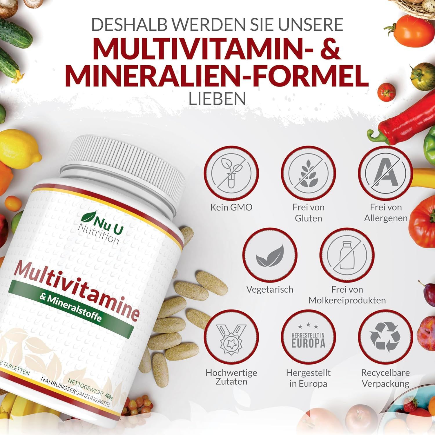 Fles met "Nu U Nutrition" logo, "Multivitamine & Mineralstoffe". Logo's: Geen GMO, Glutenvrij, Allergievrij, Vegetarisch.