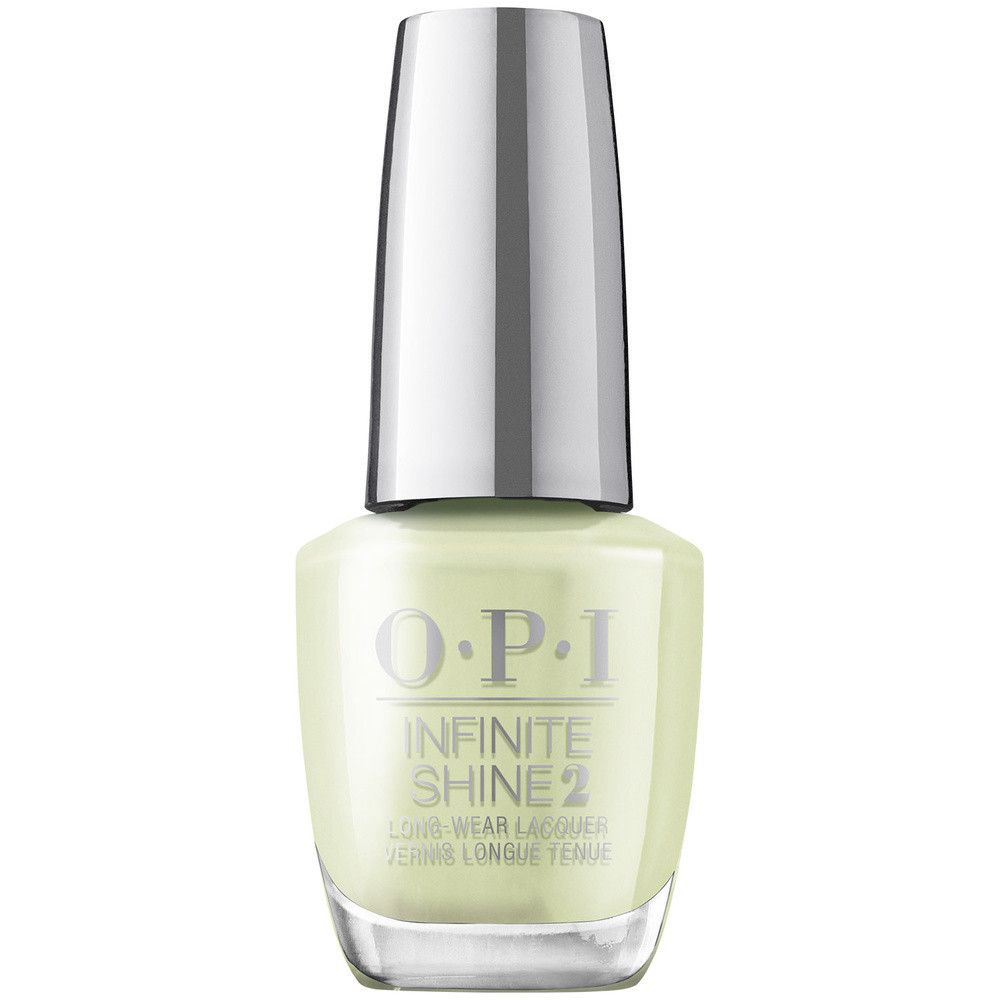 Flacon de vernis à ongles OPI avec bouchon argenté. 'Infinite Shine 2' est inscrit sur le flacon.