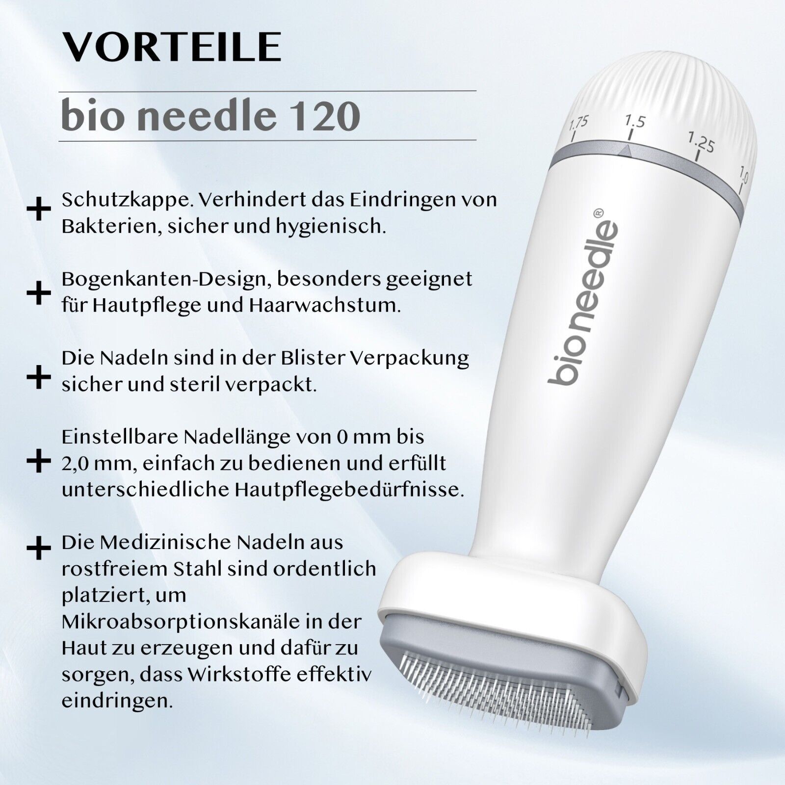 Dermastamp, wit, met tekst: bio needle 120. Voordelen: beschermkap, naaldlengte, medische naalden.