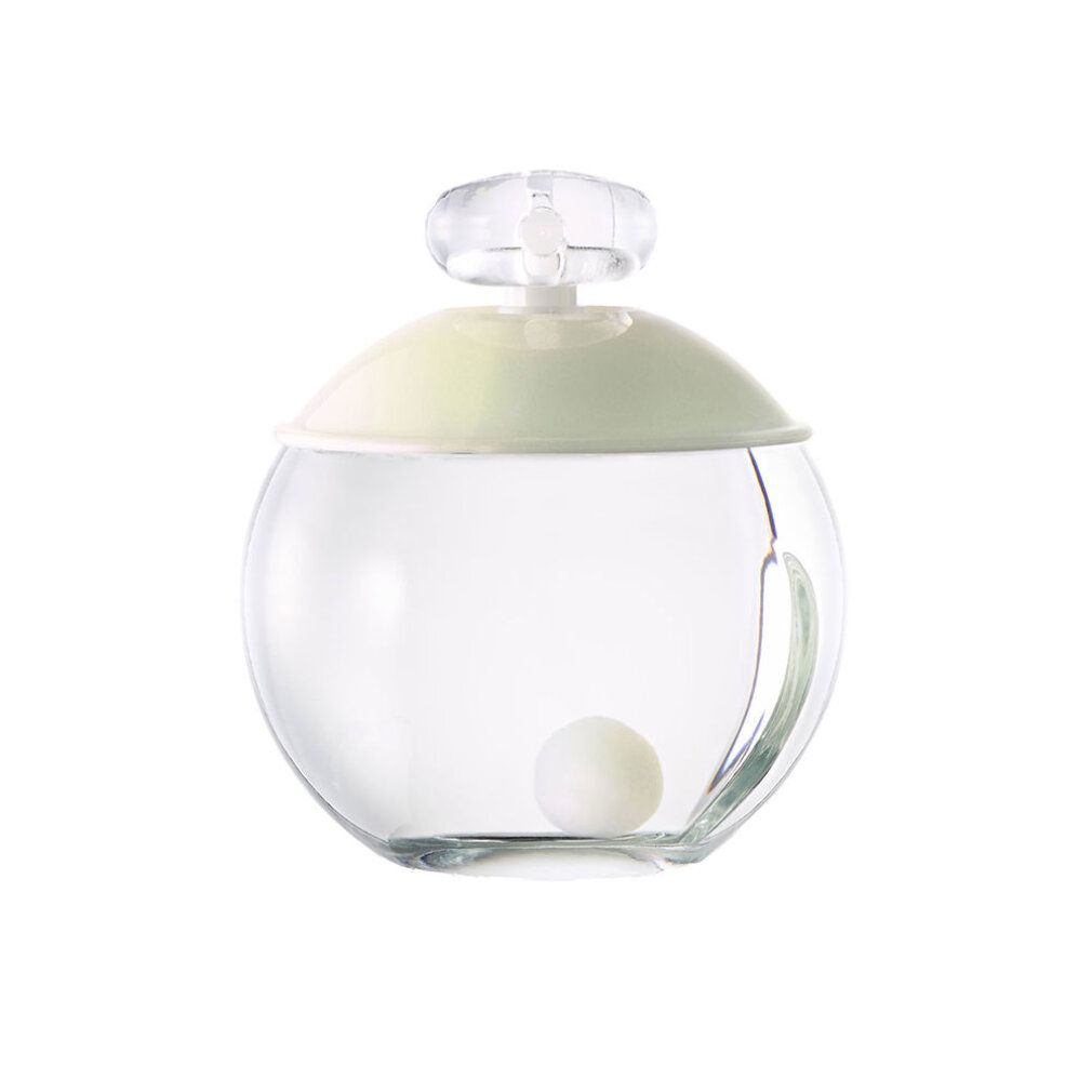 Flacon rond en verre avec bouchon verdâtre et bille. Le flacon contient une bille blanche à l'intérieur.