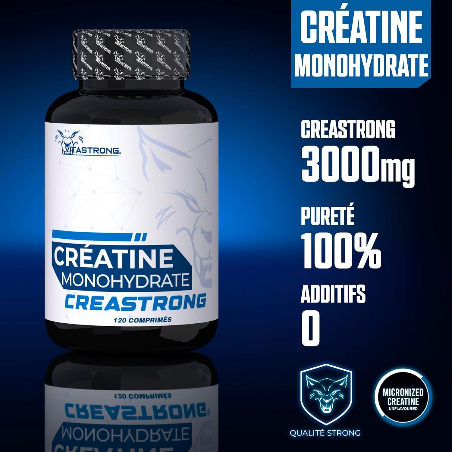 Zwarte fles met wit etiket. Tekst: Creatine Monohydrate Creastrong, 120 tabletten. 3000mg, 100% zuiverheid.