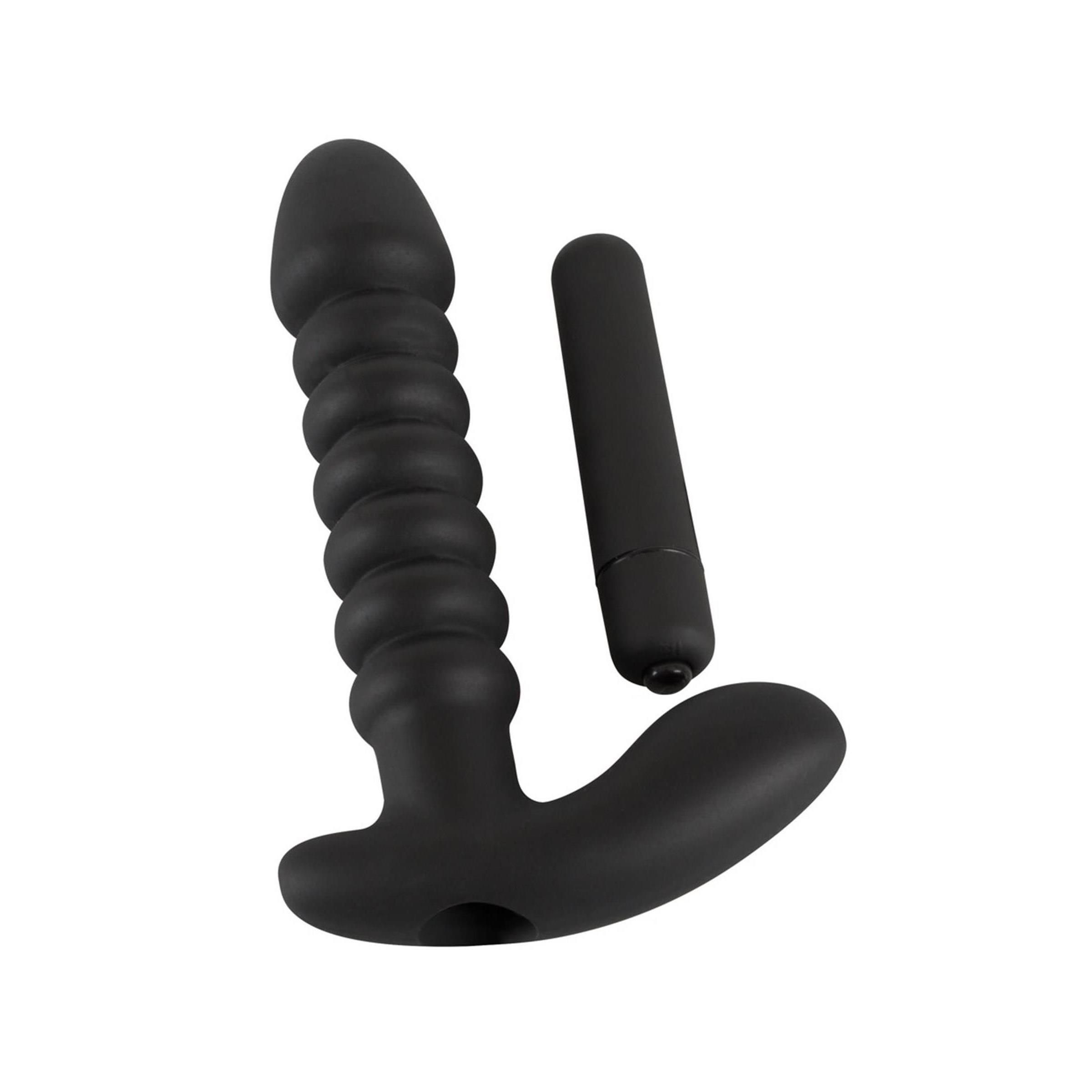 Zwarte vibrator, geribbelde schacht en gebogen handvat, met een kleine vibrator ernaast.