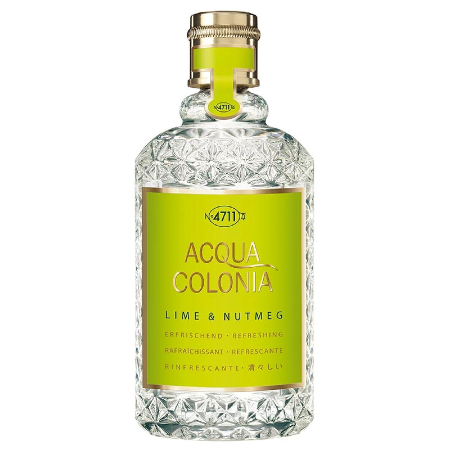 Flacon en verre avec étiquette verte. Inscription: Acqua Colonia Lime & Nutmeg. Bouchon doré.