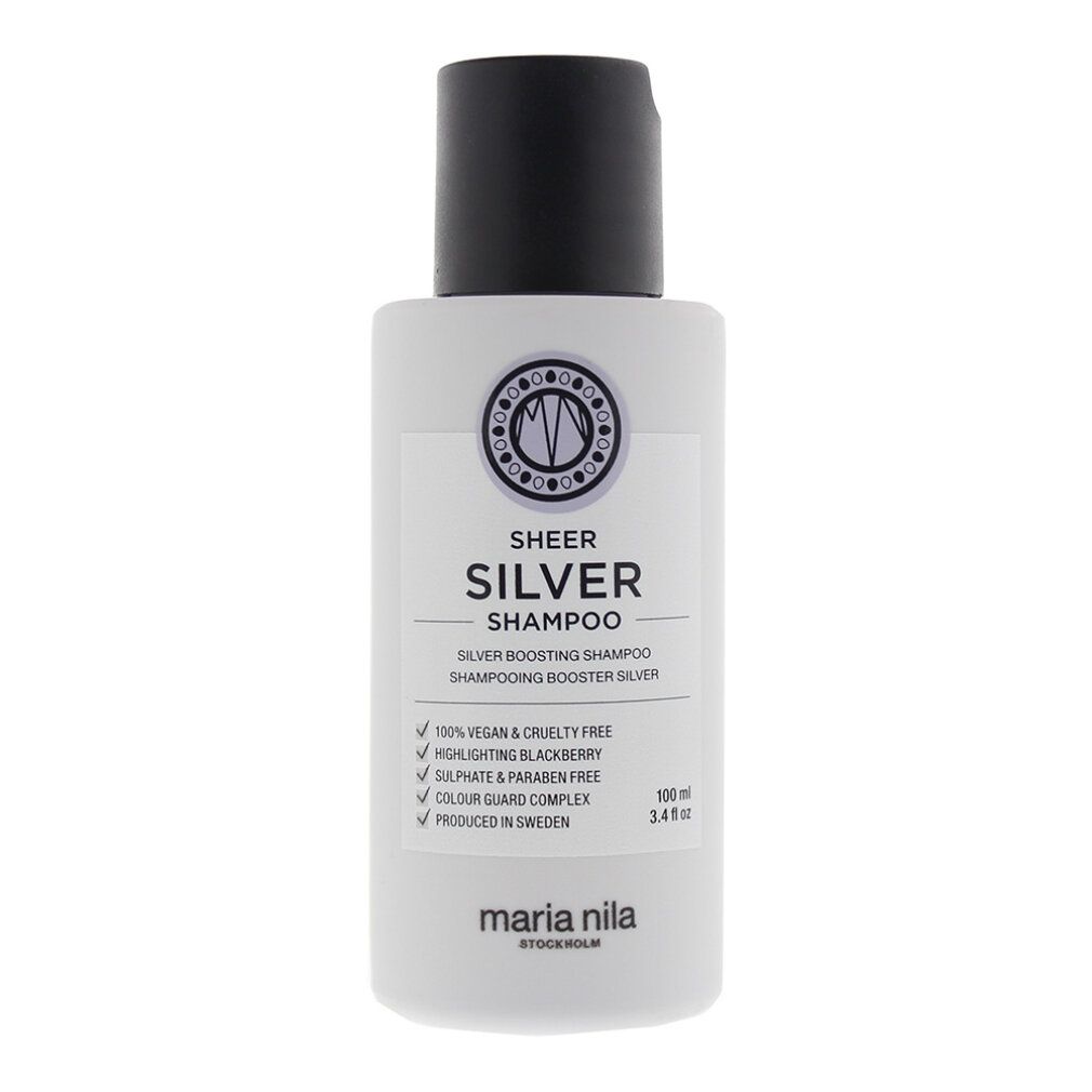 Witte fles Maria Nila Sheer Silver Shampoo, 100ml. Bevat vegane en dierproefvrije formule.