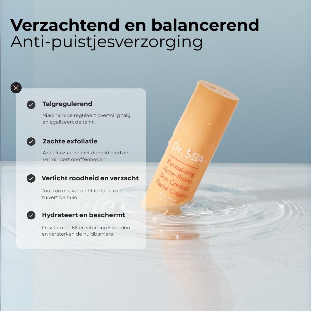 Crèmetube in water. Tekst: Talgregulatie, zachte exfoliatie, verzacht & vermindert roodheid, hydrateert & beschermt.