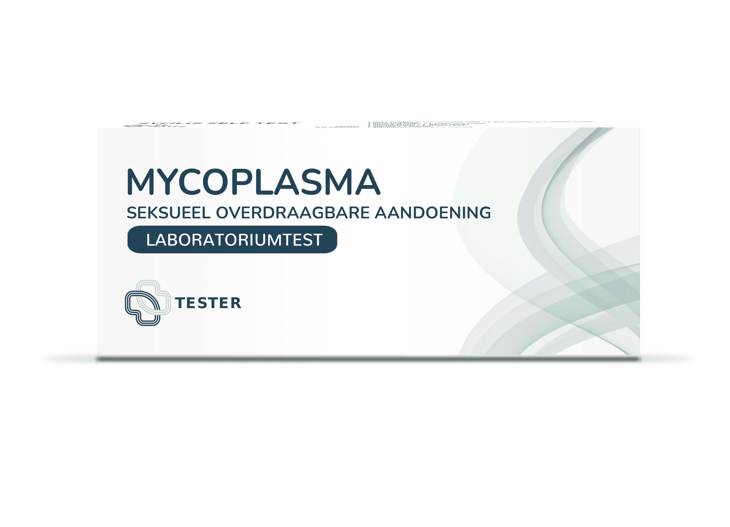 Verpakking van een Mycoplasma laboratoriumtest voor thuisgebruik. Met logo en tekst "MYCOPLASMA SEKTUELL ÜBERTRAGBARE AANDOENING LABORATORIUMTEST TESTER".