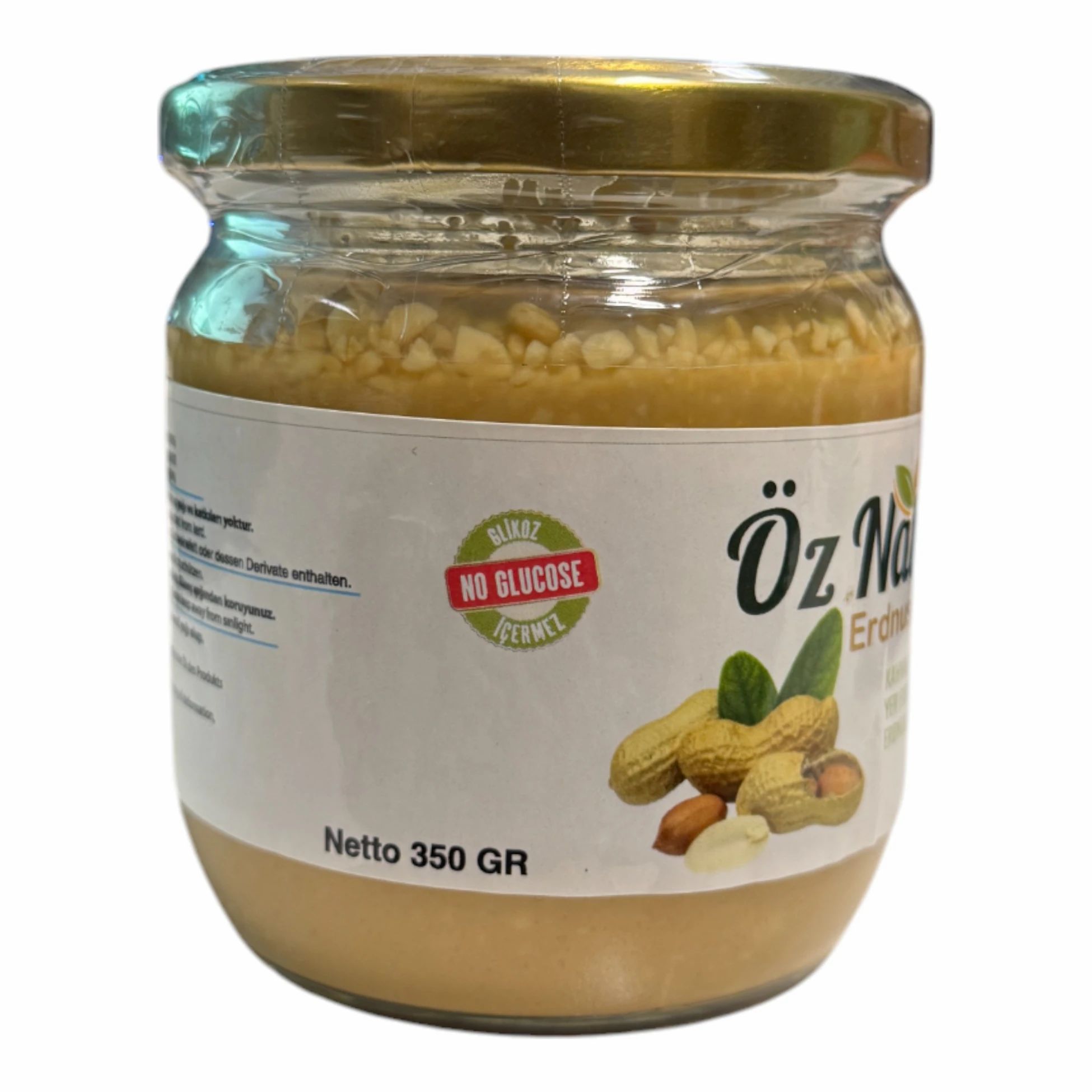 Pot de beurre de cacahuète. Inscription : Öz Natur Erdnussbutter. Illustration de cacahuètes. Étiquette avec texte turc. Netto 350 GR.