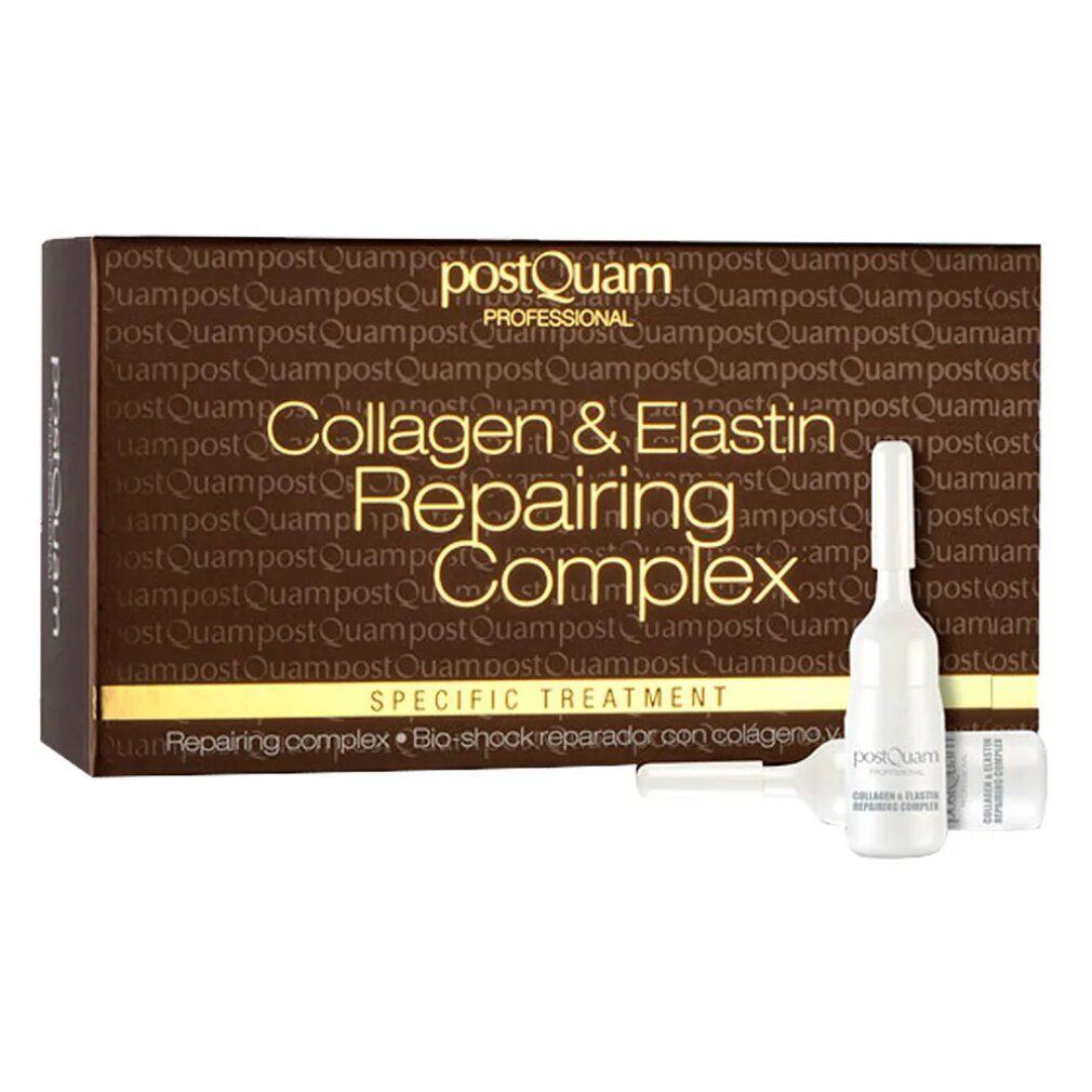 Boîte marron et ampoules. Inscription: Collagen & Elastin Repairing Complex. Traitement spécifique.