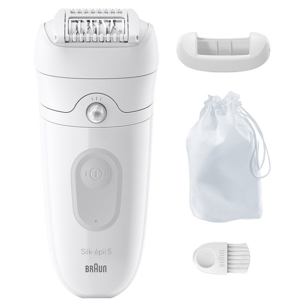 Witte epilator met opzetstuk, zakje en borsteltje.