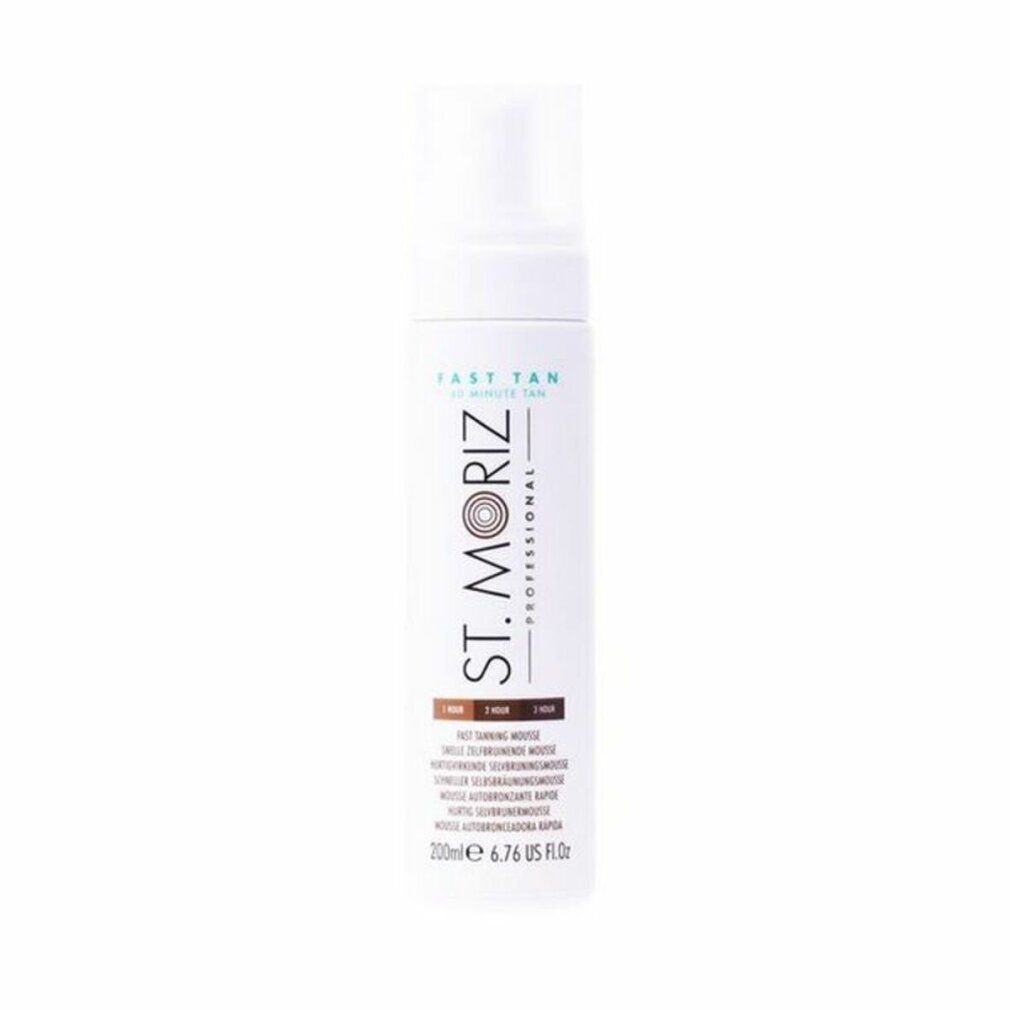 Witte fles met verstuiver. Opschrift: St. Moriz Professional, Fast Tan. Kleurnuances: 1 uur, 2 uur, 3 uur. 200ml.