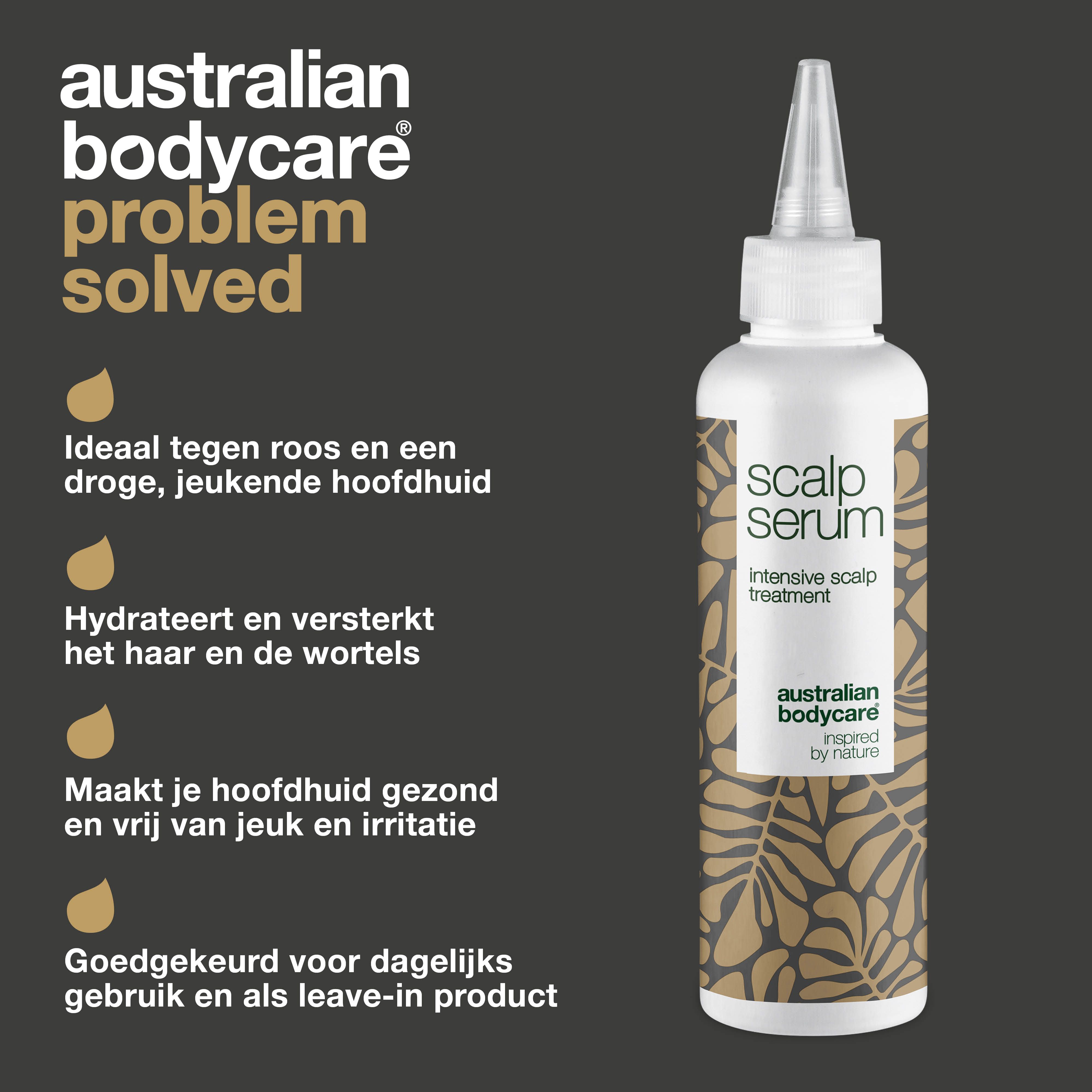 Grafiek: probleem opgelost. Tegen roos, hydrateert, kalmeert. Flesje: Scalp Serum.