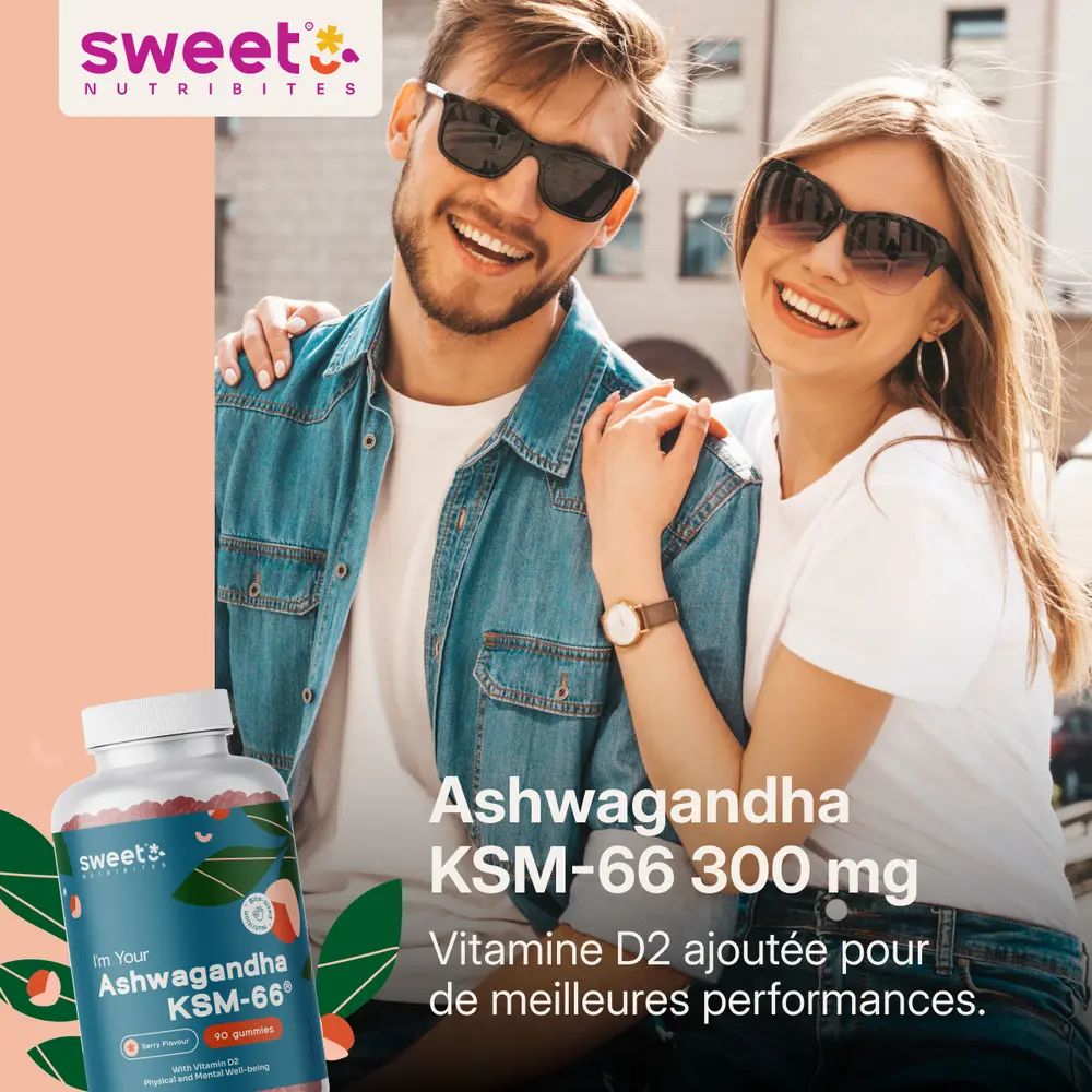 Couple avec des lunettes de soleil. Texte: Ashwagandha KSM-66 300 mg. Vitamine D2 ajoutée pour de meilleures performances. Flacon de gummies.