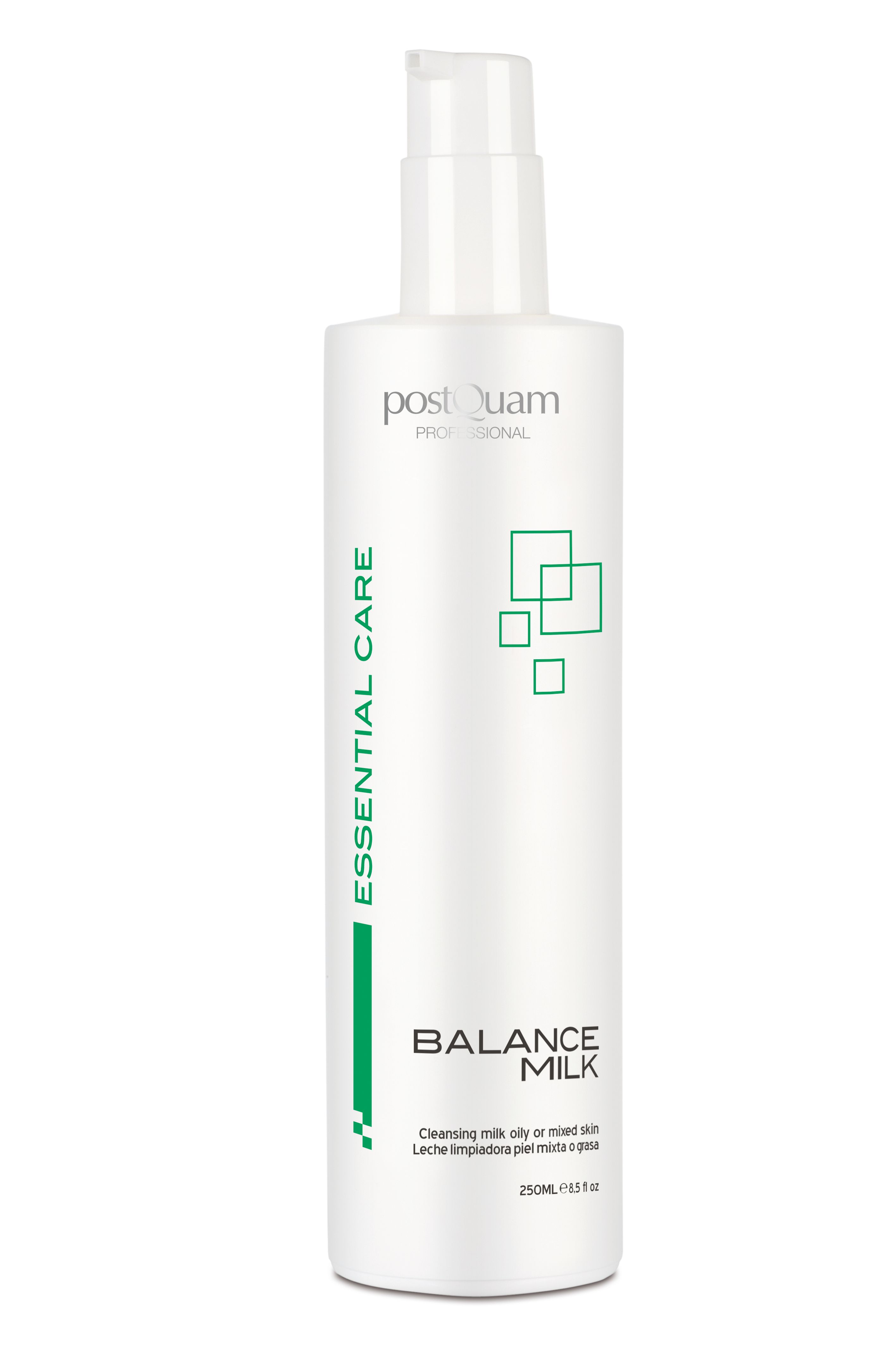 Flacon blanc avec pompe. Inscription: Postquam, Essential Care, Balance Milk. Texte: Lait nettoyant pour peaux mixtes. Accents verts.