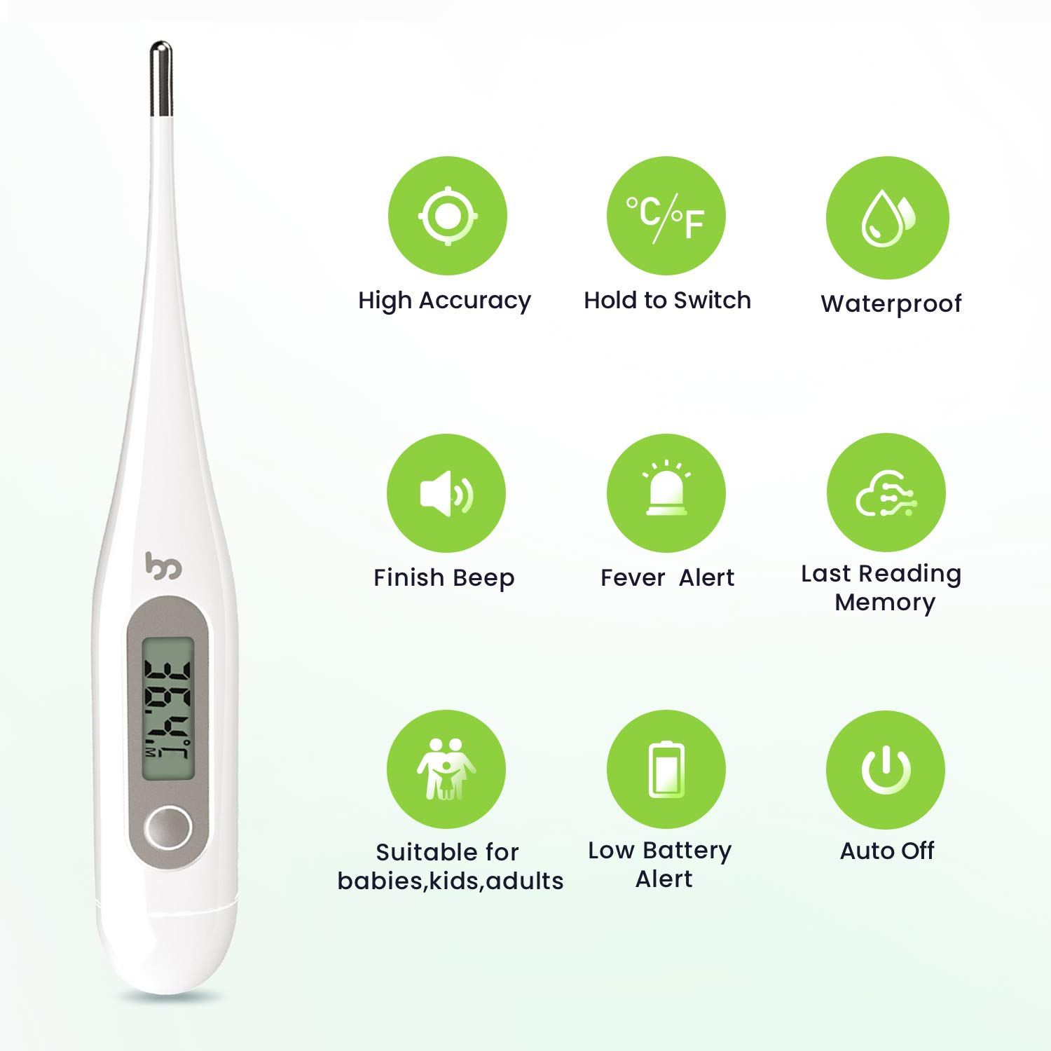 Witte digitale thermometer met LCD-scherm. Toont 36,4°C. Met pictogrammen voor functies zoals koortsalarm en waterdichtheid.